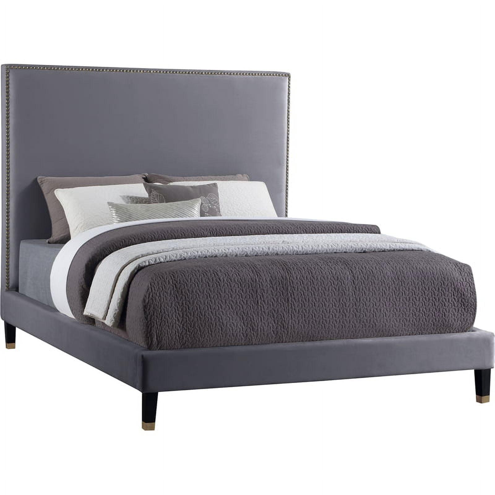 Elegant Grey Velvet Queen Bed with Brass Accents and Tall Headboard