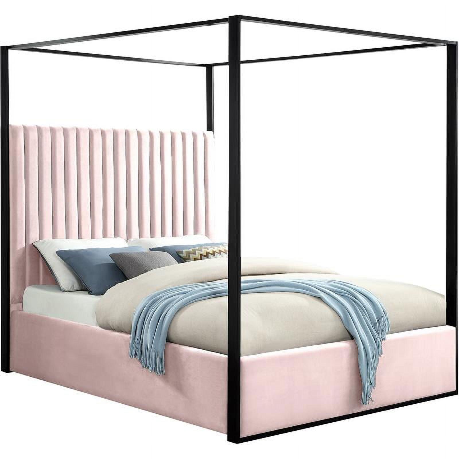 Pink Velvet King Platform Bed with Black Metal Canopy