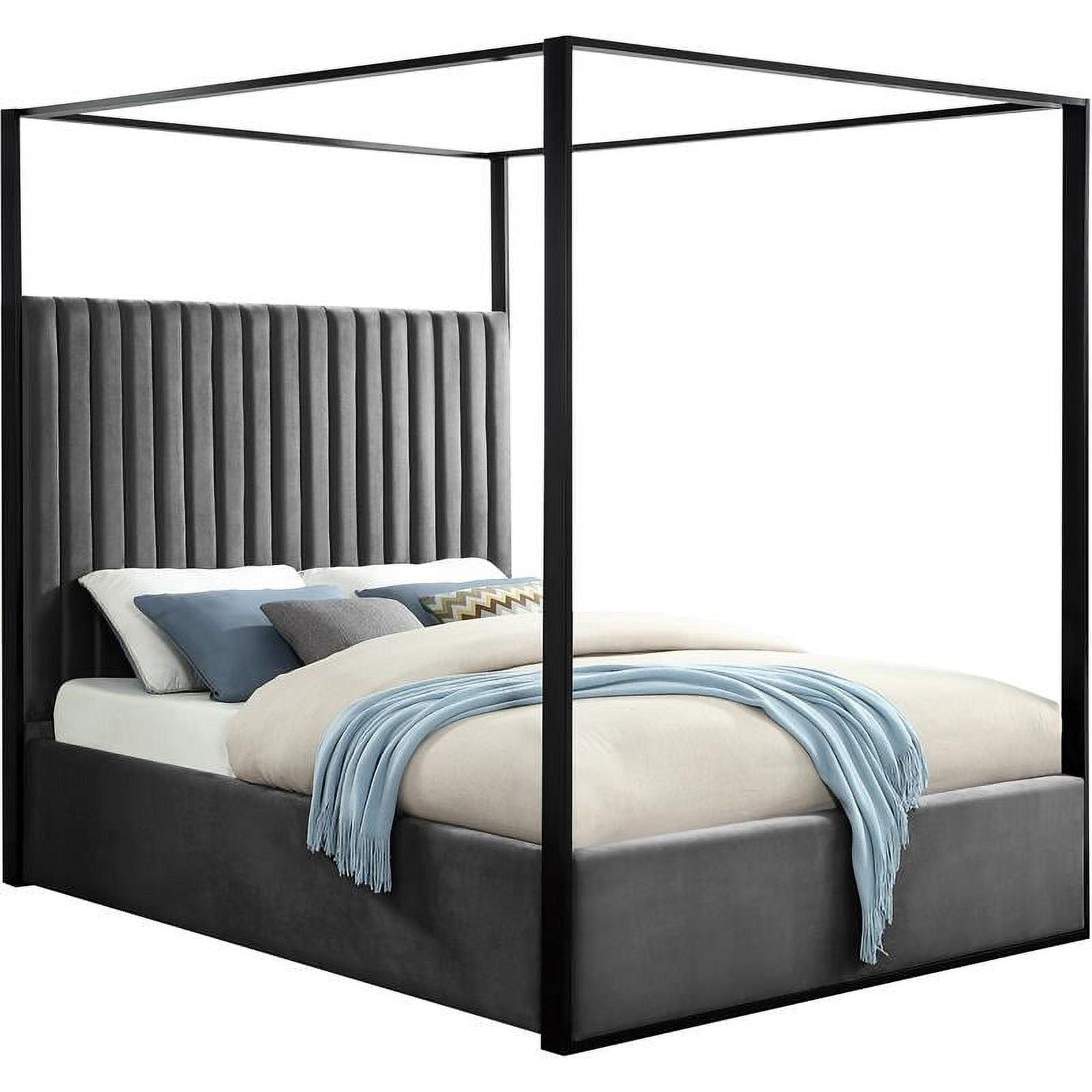 Regal Elegance Grey Velvet Queen Canopy Bed with Tufted Headboard