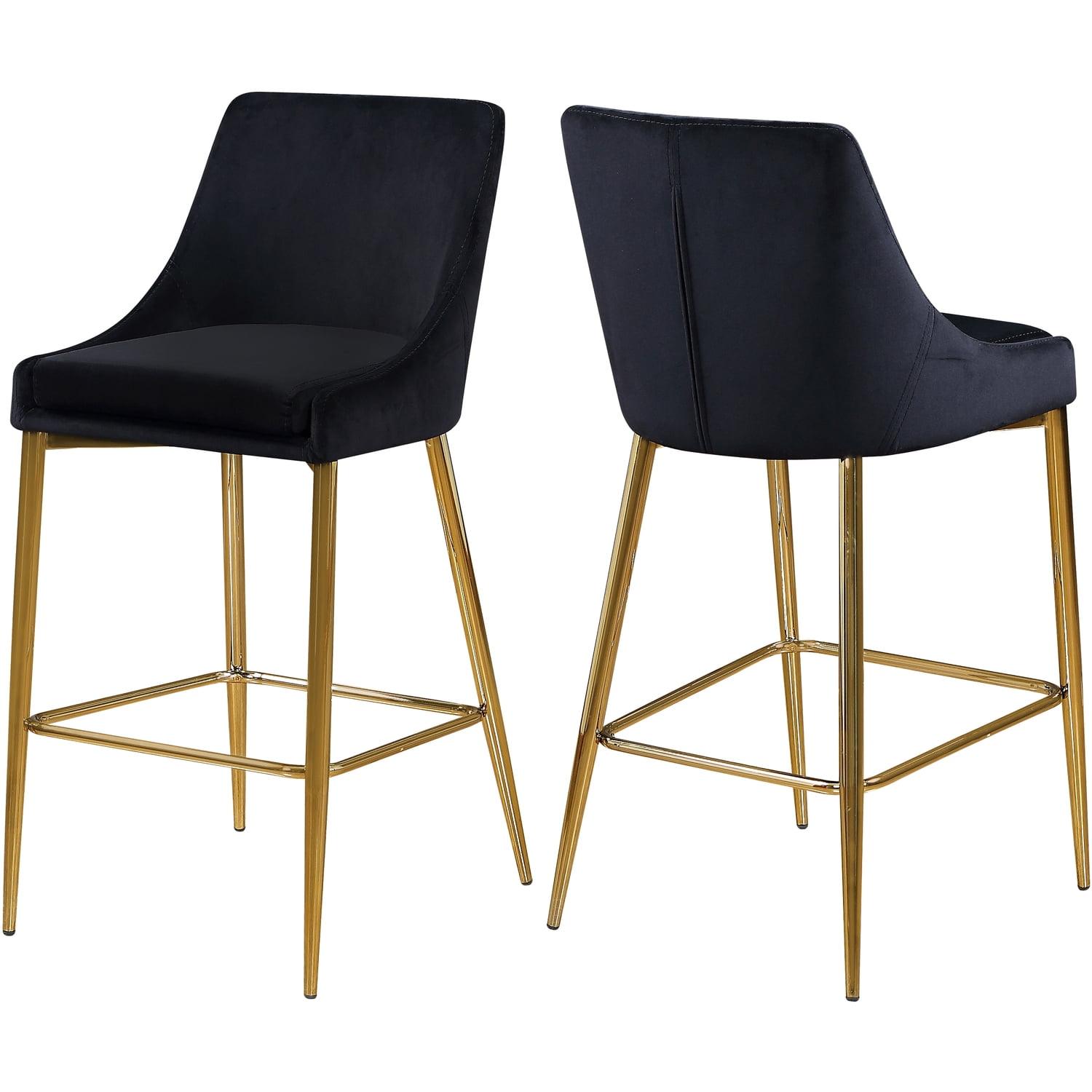 Contemporary Black Velvet Counter Stool with Polished Gold Metal Legs