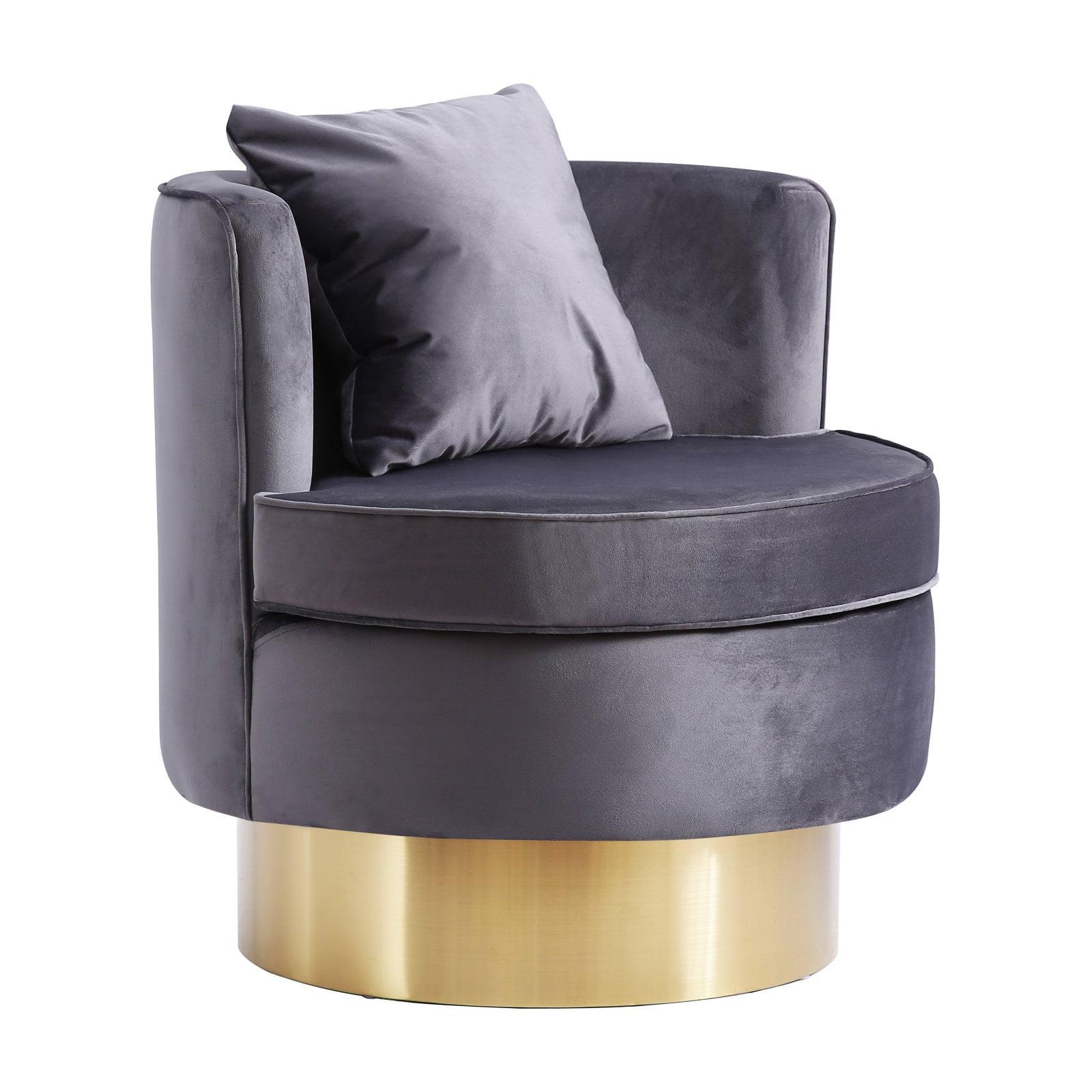 Contemporary Grey Velvet Barrel Swivel Accent Chair with Gold Base