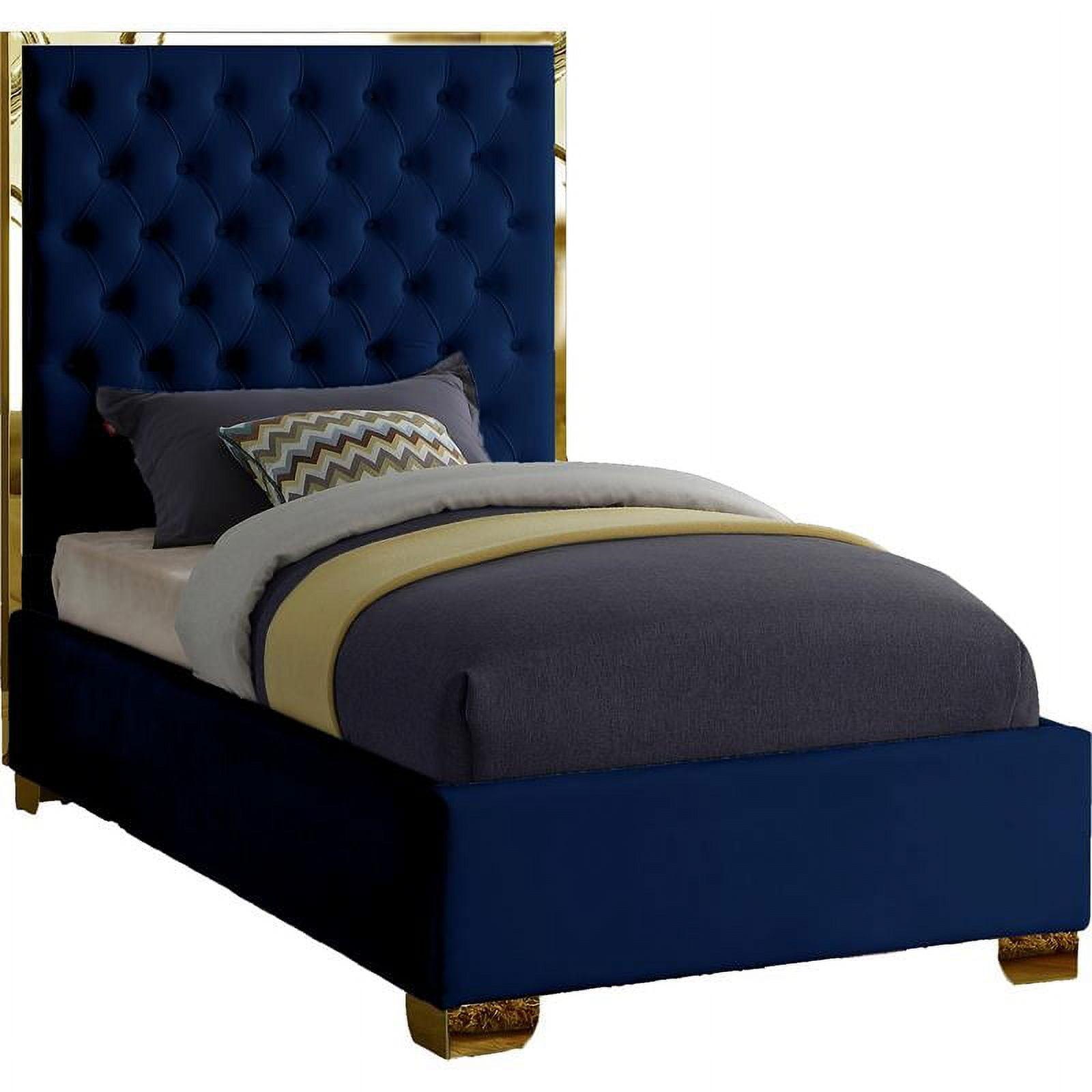 Navy Velvet Twin Bed with Tufted Upholstered Headboard and Gold Legs