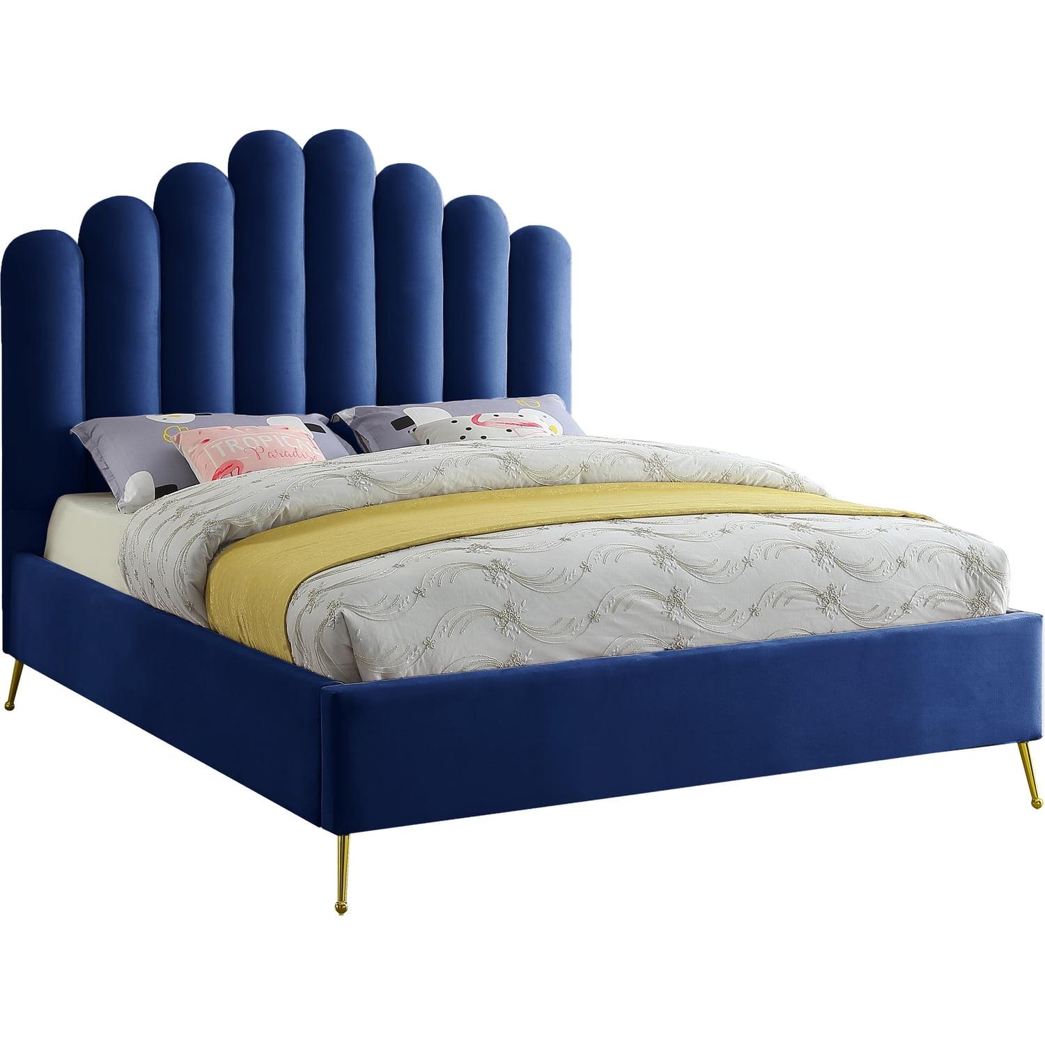 Navy Velvet Full Bed with Tufted Upholstered Headboard and Gold Legs