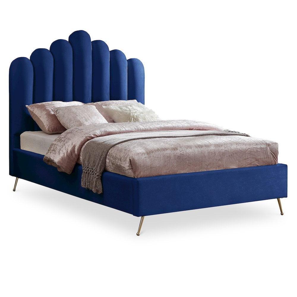 Meridian Furniture Lily Solid Wood and Tufted Velvet Full Bed in Navy