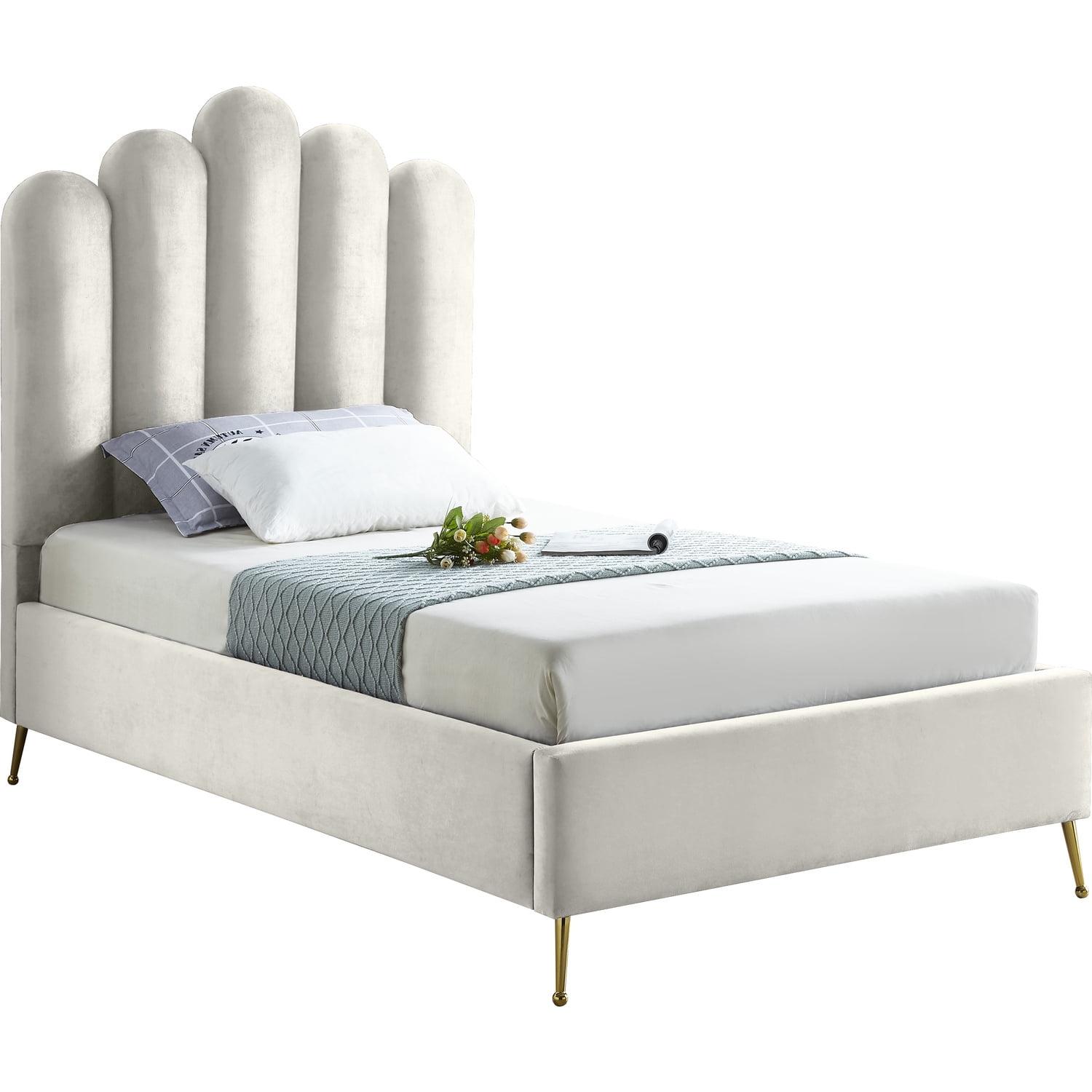 Meridian Furniture Lily Solid Wood and Tufted Velvet Twin Bed in Cream