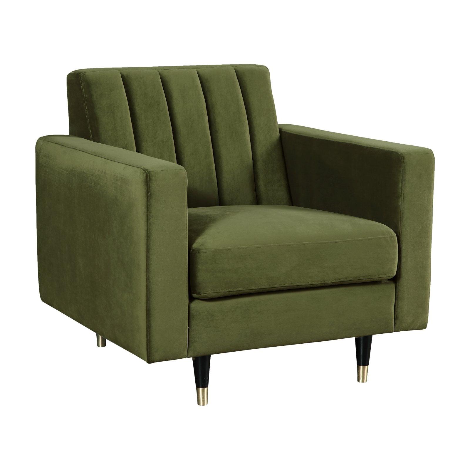 Elegant Olive Velvet Channel-Tufted Accent Chair with Gold-Tipped Legs