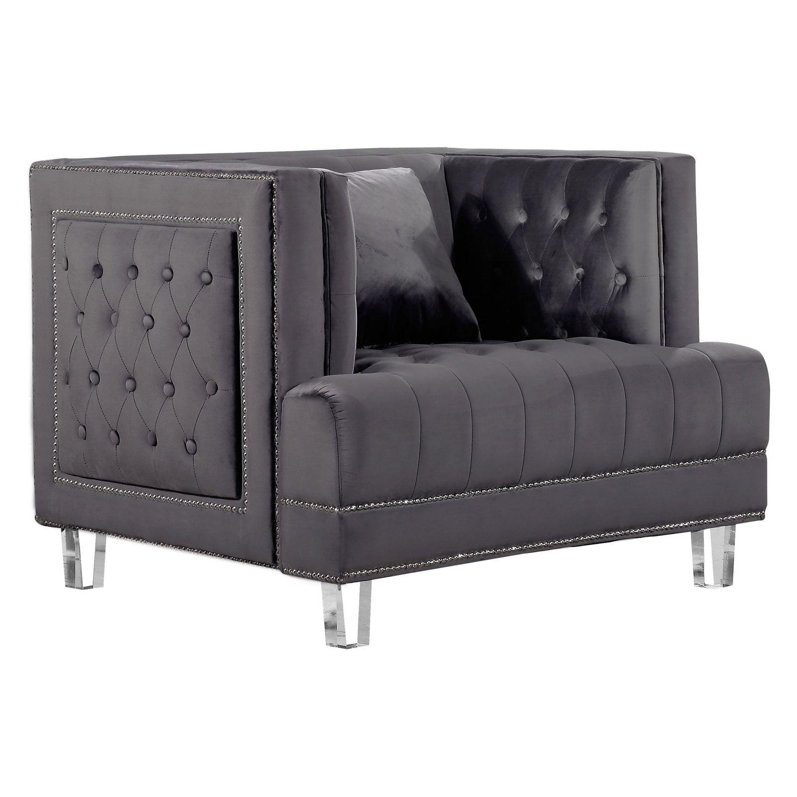 Lucas Grey Velvet Tufted Accent Chair with Acrylic Legs