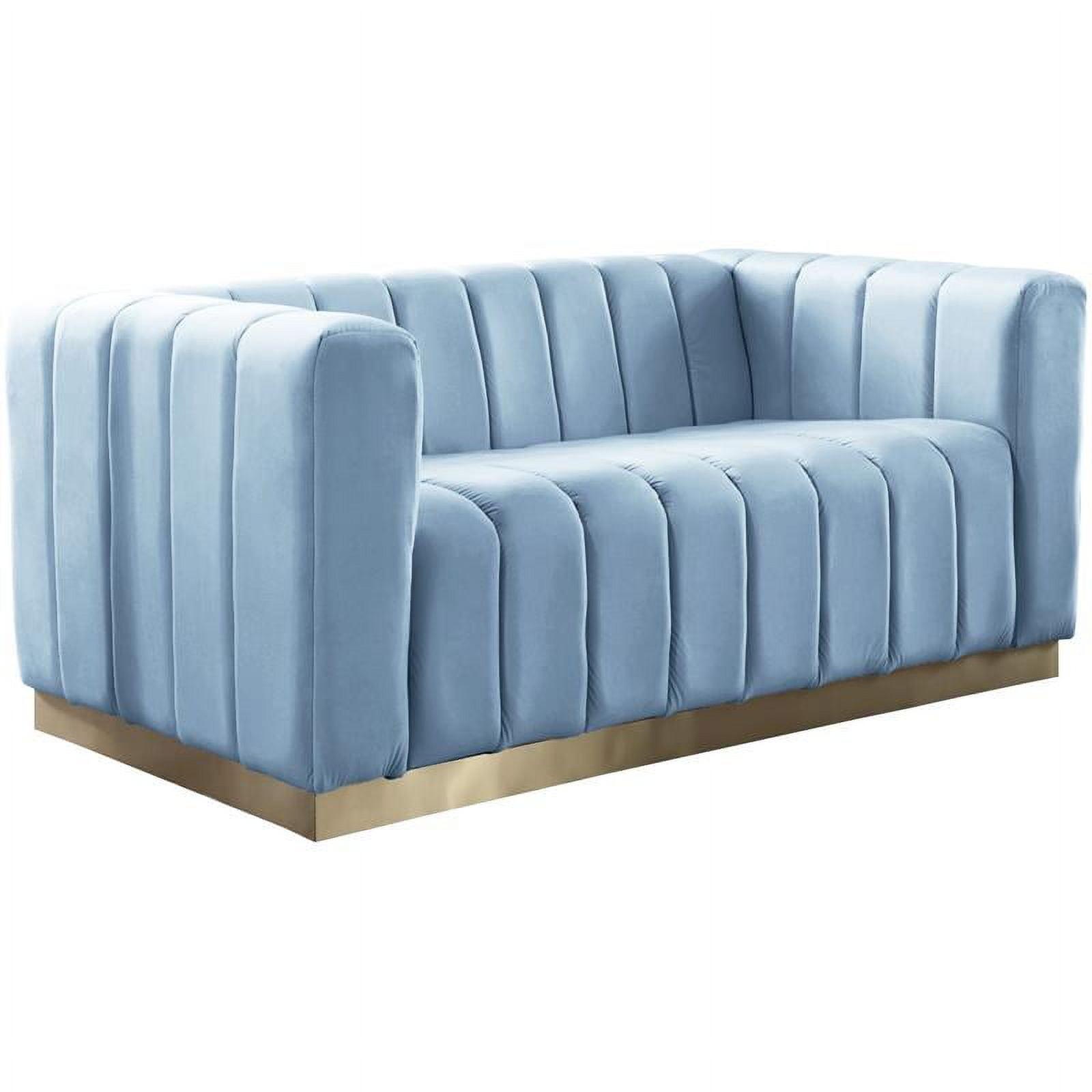 Sky Blue Velvet Channel-Tufted Loveseat with Brushed Gold Base