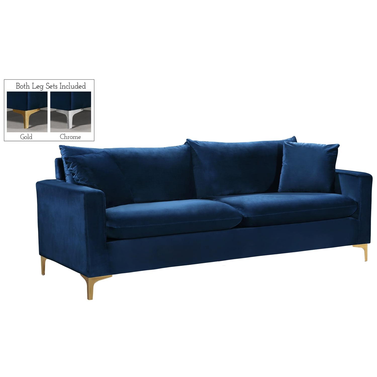 Luxurious Naomi Navy Velvet Sofa with Gold and Chrome Legs