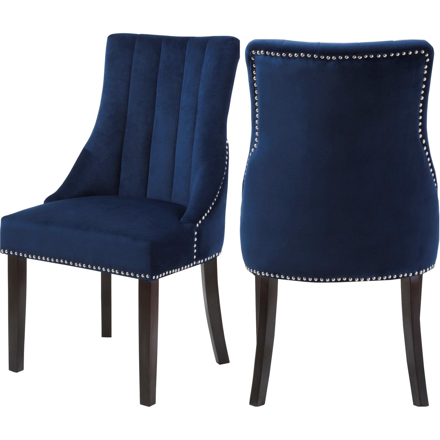 Espresso Wood & Navy Velvet High-Back Side Chair with Chrome Accents