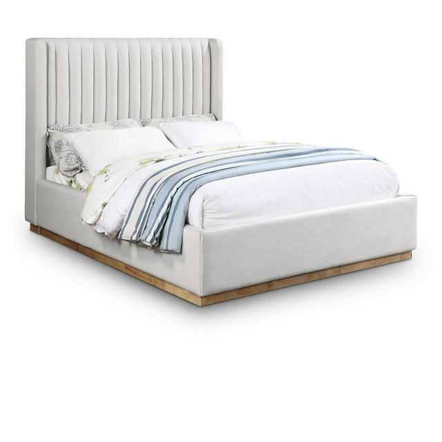 Meridian Furniture Queen Contemporary Linen Fabric Wingback Bed, Cream