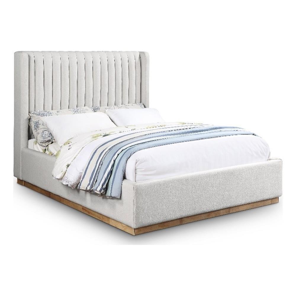 Meridian Furniture Queen Contemporary Linen Fabric Wingback Bed, Cream