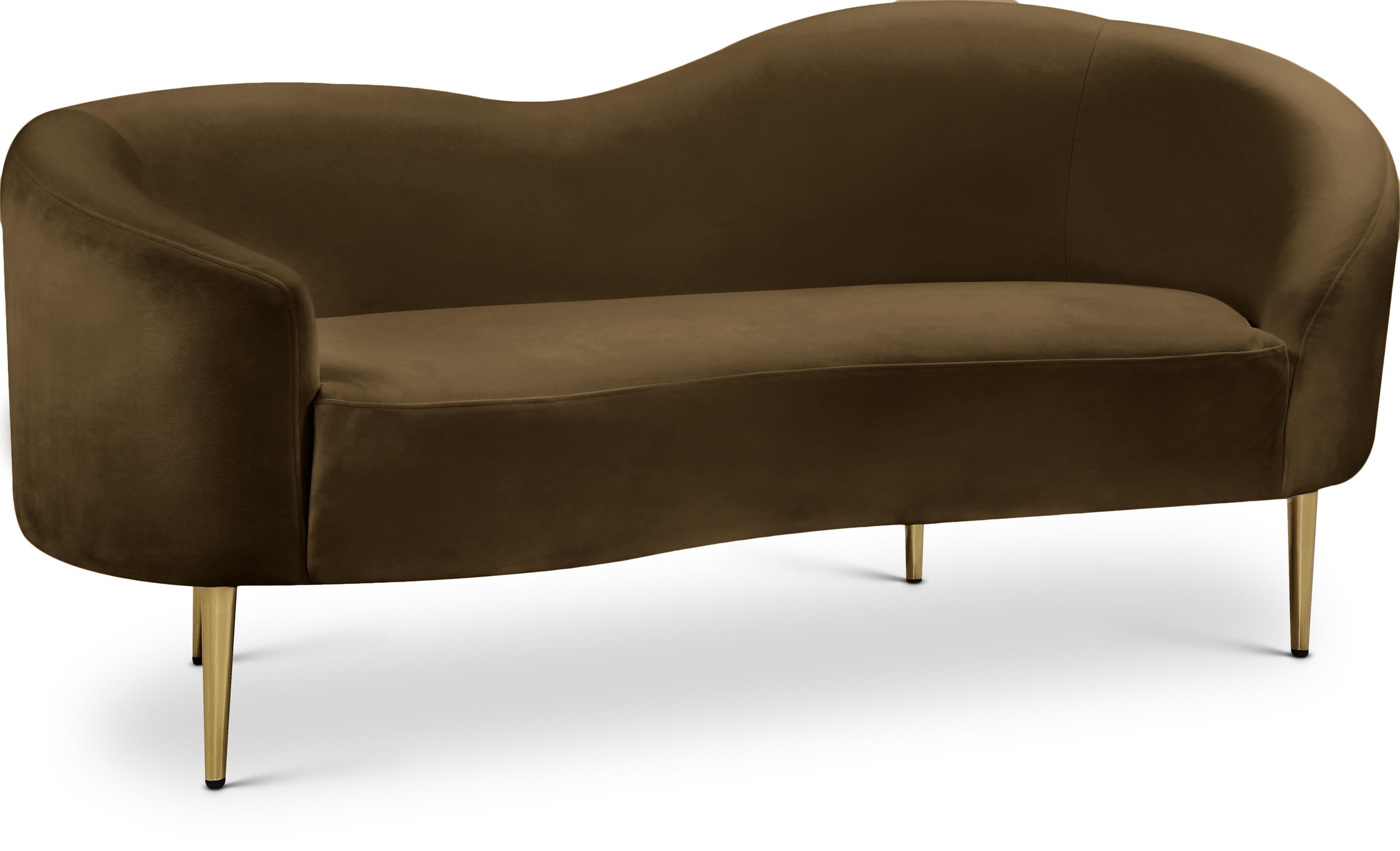 Ritz Brown Velvet Loveseat with Gold Metal Legs