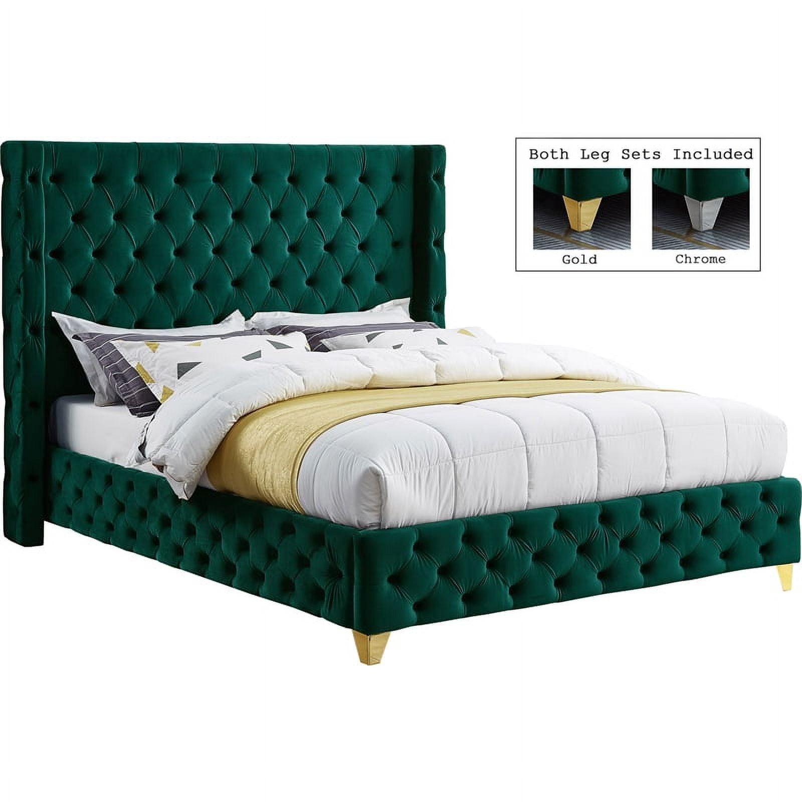 Luxurious Green Velvet King Bed with Tufted Wingback Headboard