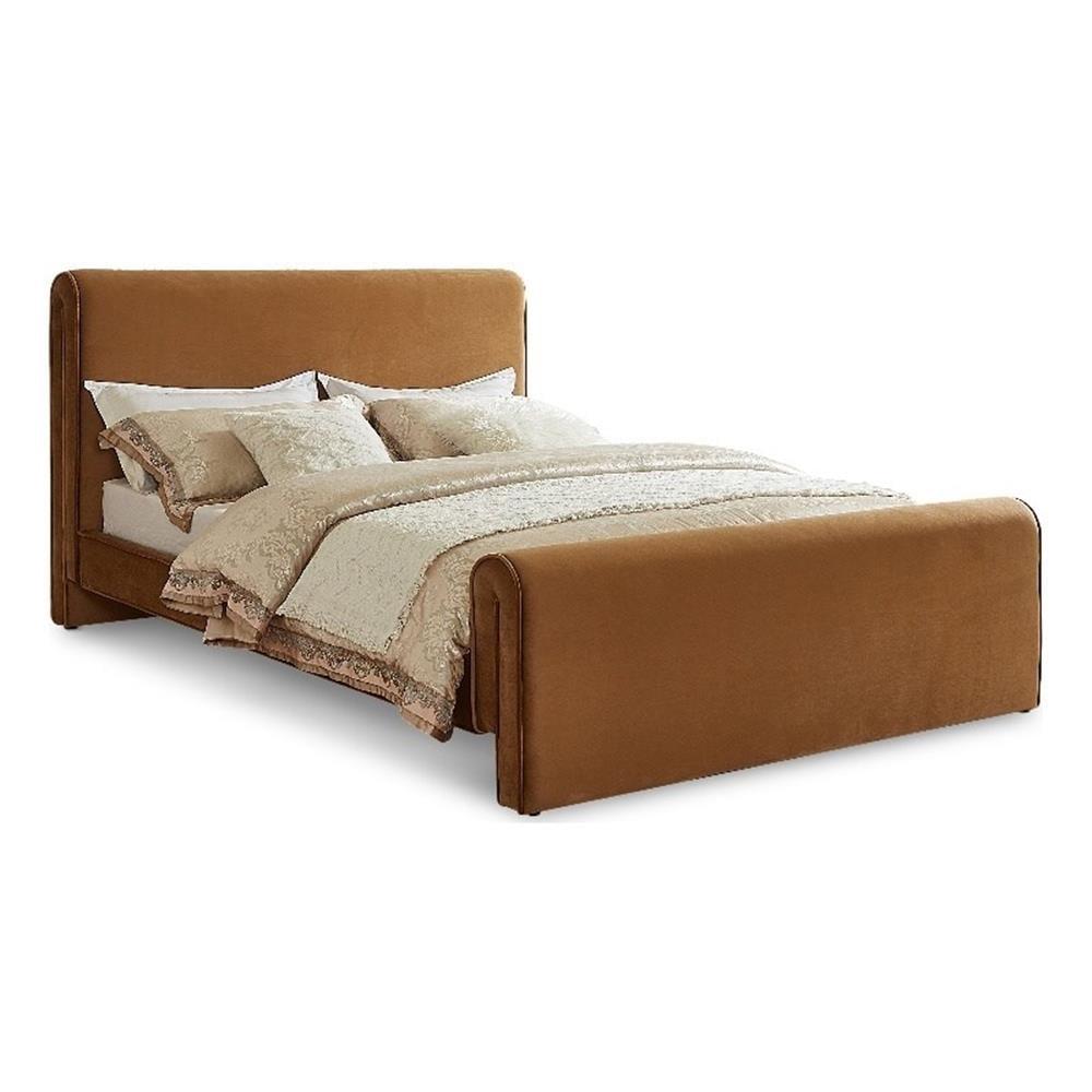 Saddle Velvet Upholstered Queen Bed with Curved Headboard