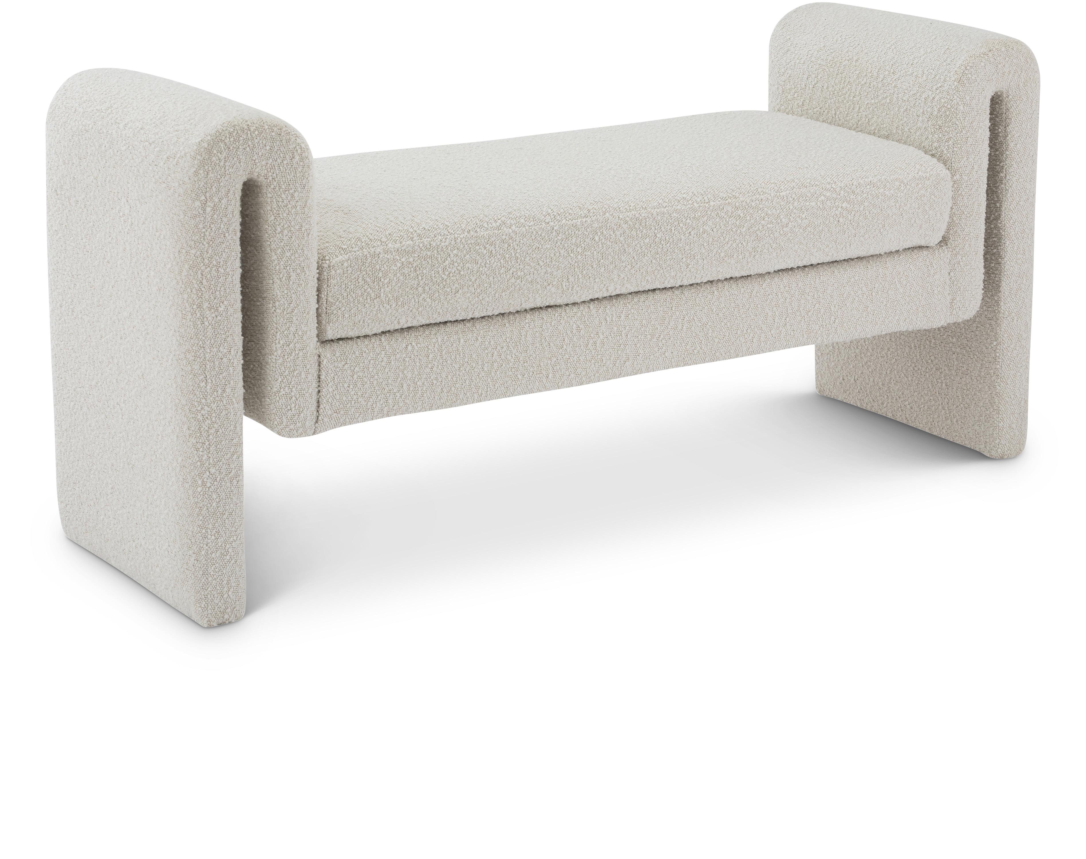 Curved Cream Boucle Fabric Contemporary Bench