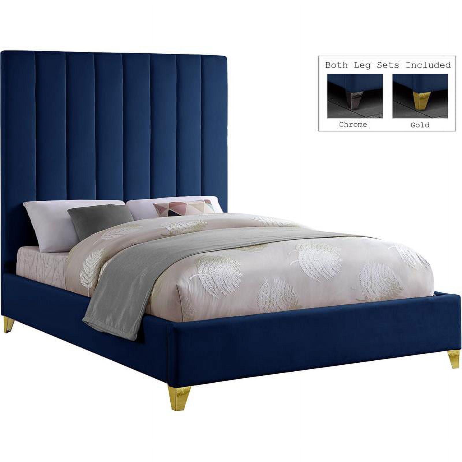 Navy Velvet Upholstered King Bed with Tufted Headboard