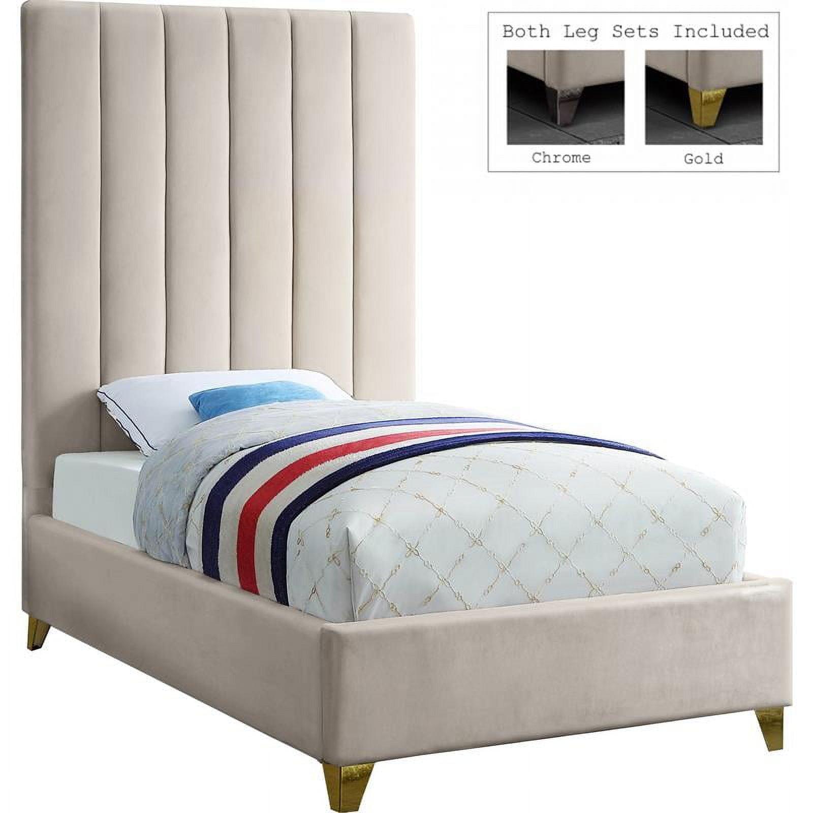 Cream Velvet Twin Bed with Tufted Upholstered Headboard