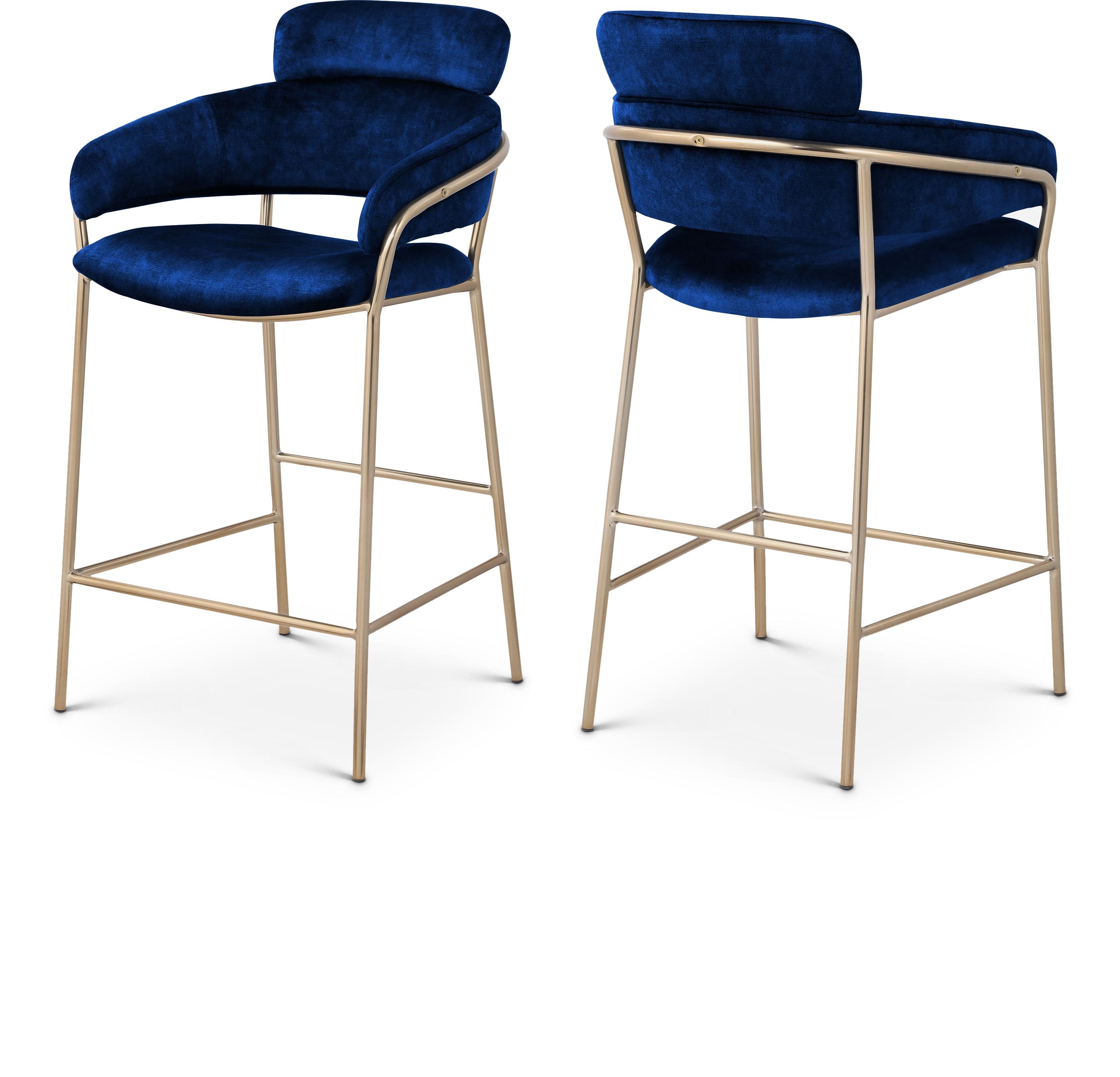 Yara Navy Velvet Counter Stool with Brushed Brass Finish