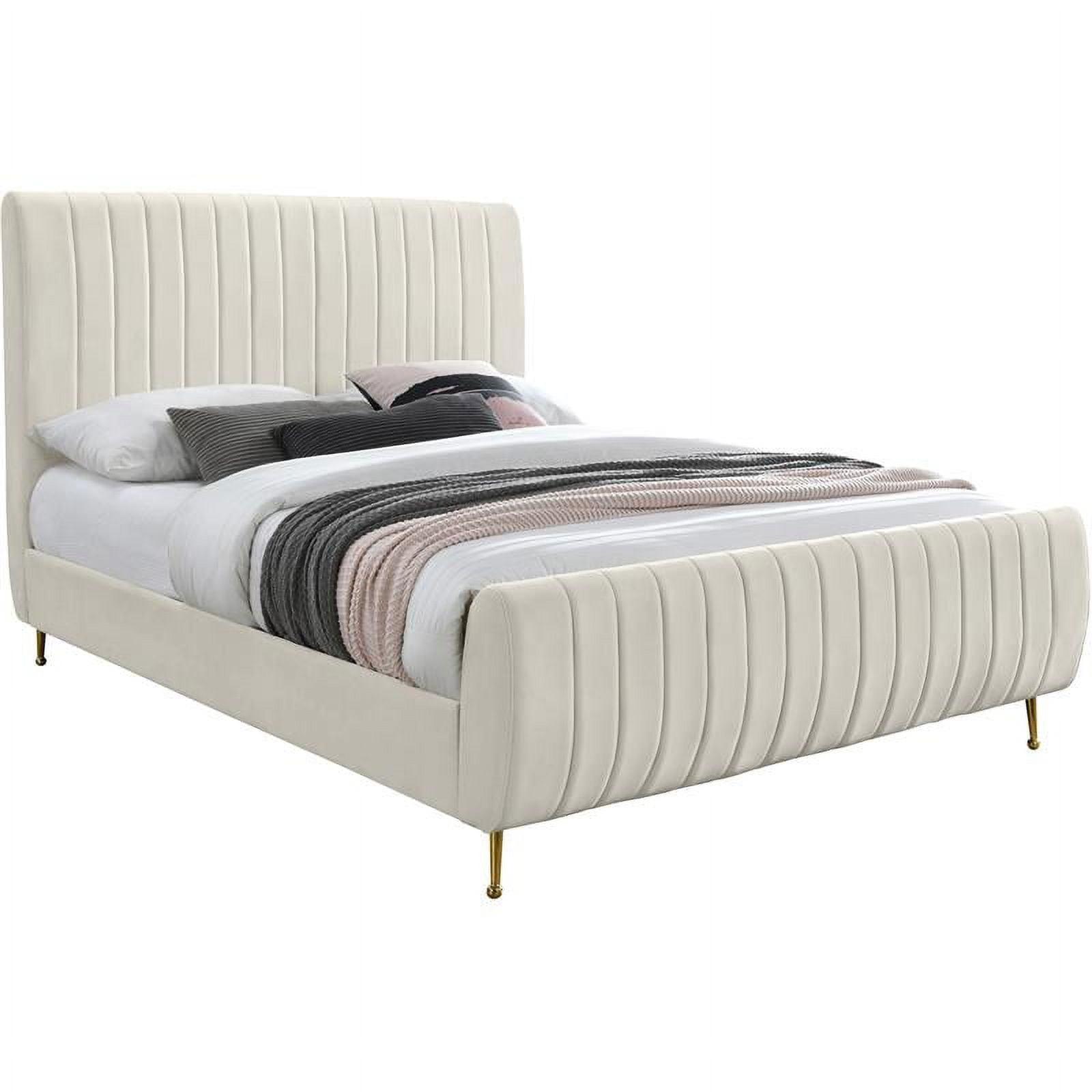 Cream Velvet Upholstered Queen Bed with Gold Legs