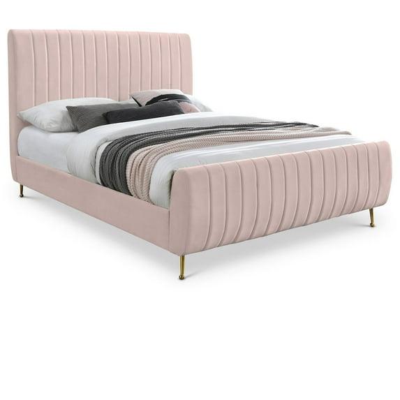 Meridian Furniture Zara Contemporary Queen Bed with Gold Legs and Slats, Pink Velvet