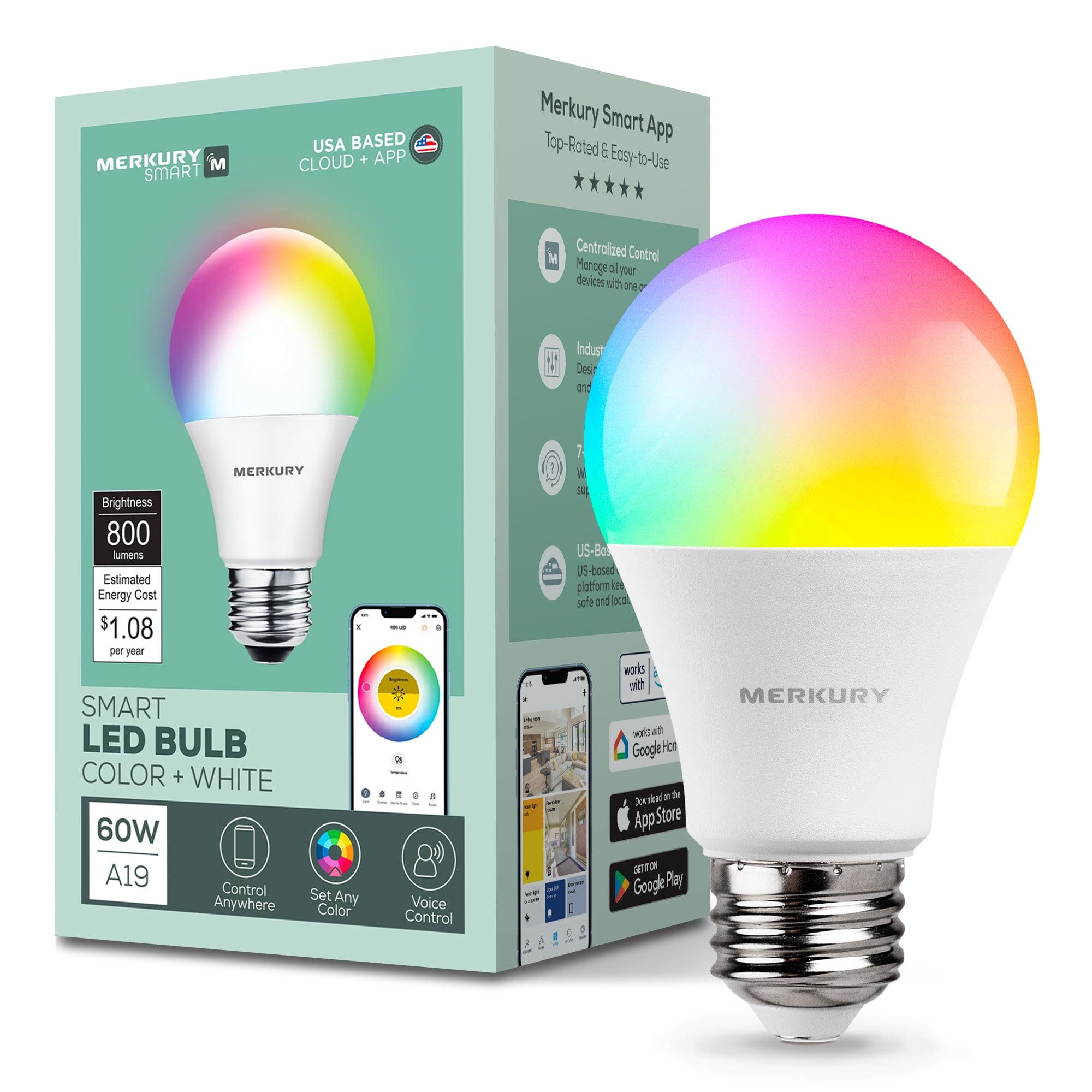 Merkury Smart LED Bulb - 9W (60W Eqv) RGBW Dimmable A19 Light, E26 Base (1-Pack)