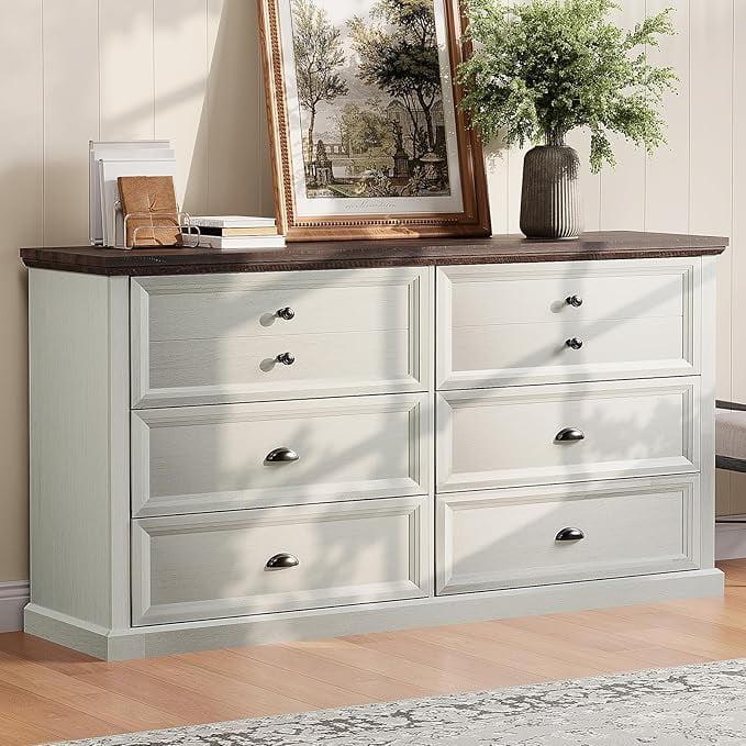 Winston Porter 58 inch Dresser for Bedroom, Farmhouse 6 Drawer Dresser, TV Stand for Bedroom, Dressers & Chests of Drawers, Living Room Organizer with Storage Drawers | Wayfair