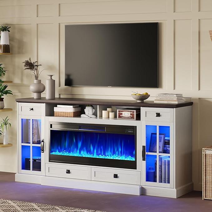 Keating 70" Farmhouse TV Stand 42" Electric Fireplace, LED Lights, Storage Drawers & Cabinets