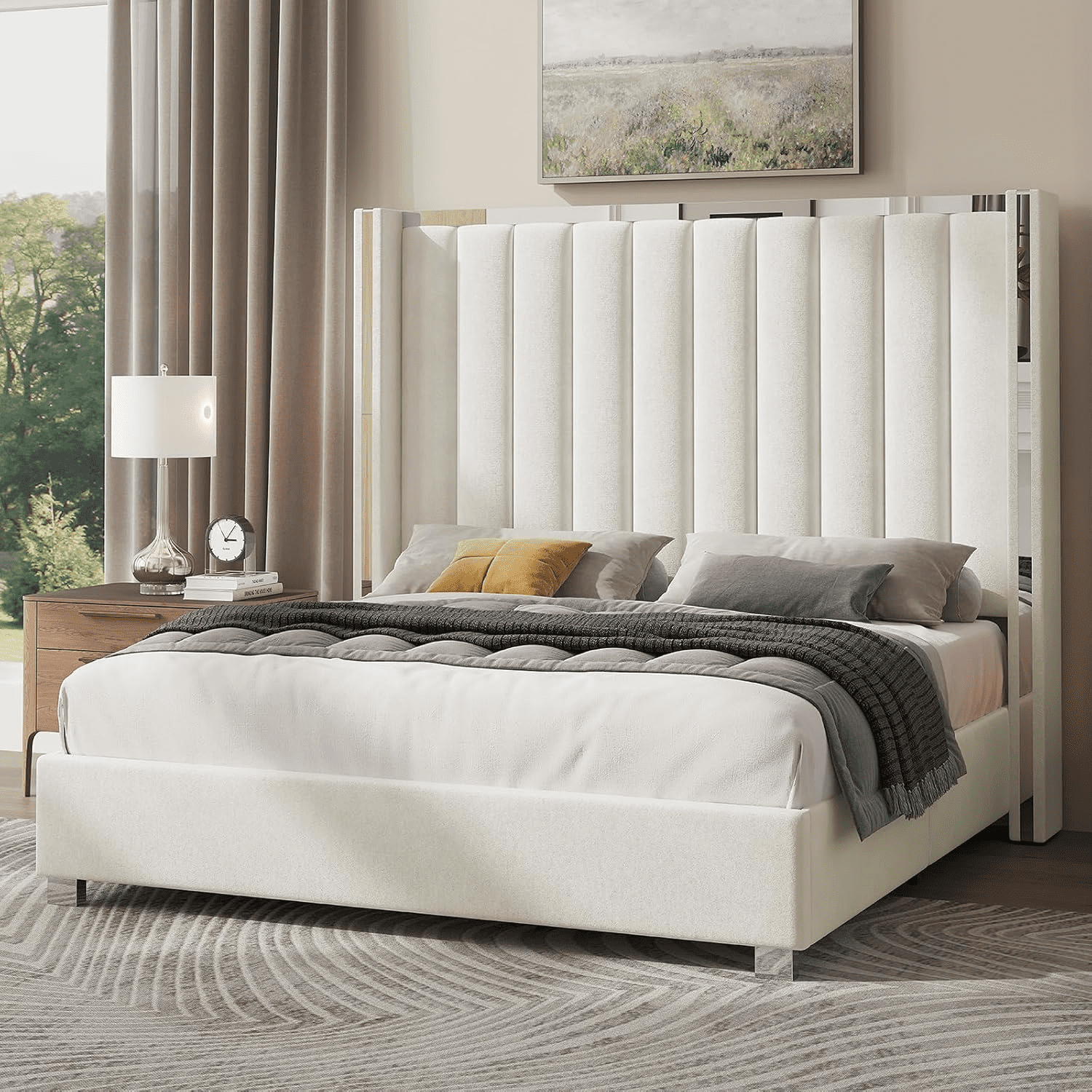 Merluxy King Size Bed Frame with 58" Tall Headboard, Velvet Upholstered Platform Bed with Channel Tufted Wingback Headboard and Plating Trim, Cream