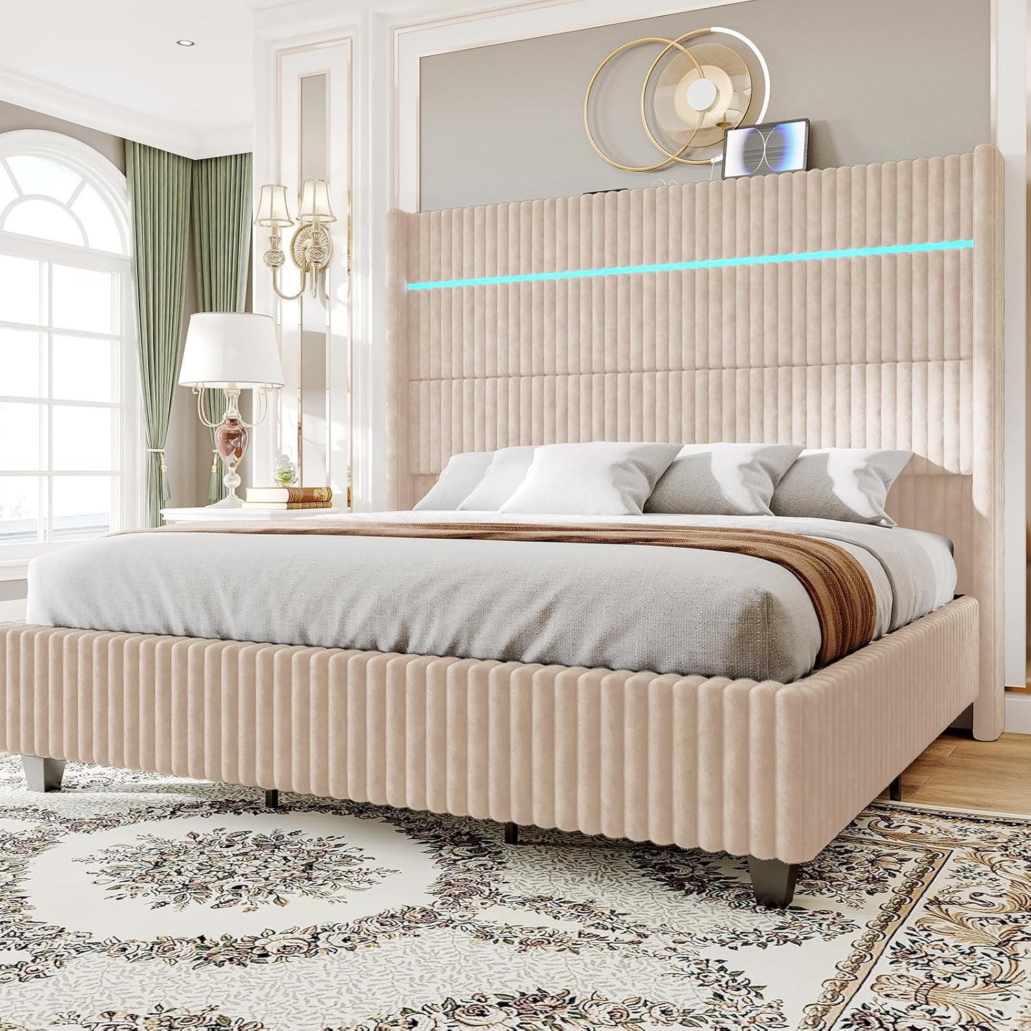 Ivy Bronx LED Bed Frame, Corduroy Upholstered Platform with 60" Tall Headboard & Charging Station