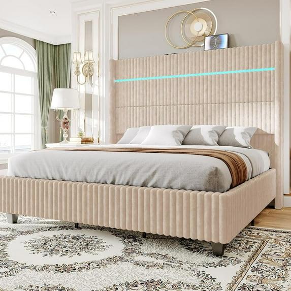 Ivy Bronx LED Bed Frame, Corduroy Upholstered Platform with 60" Tall Headboard & Charging Station