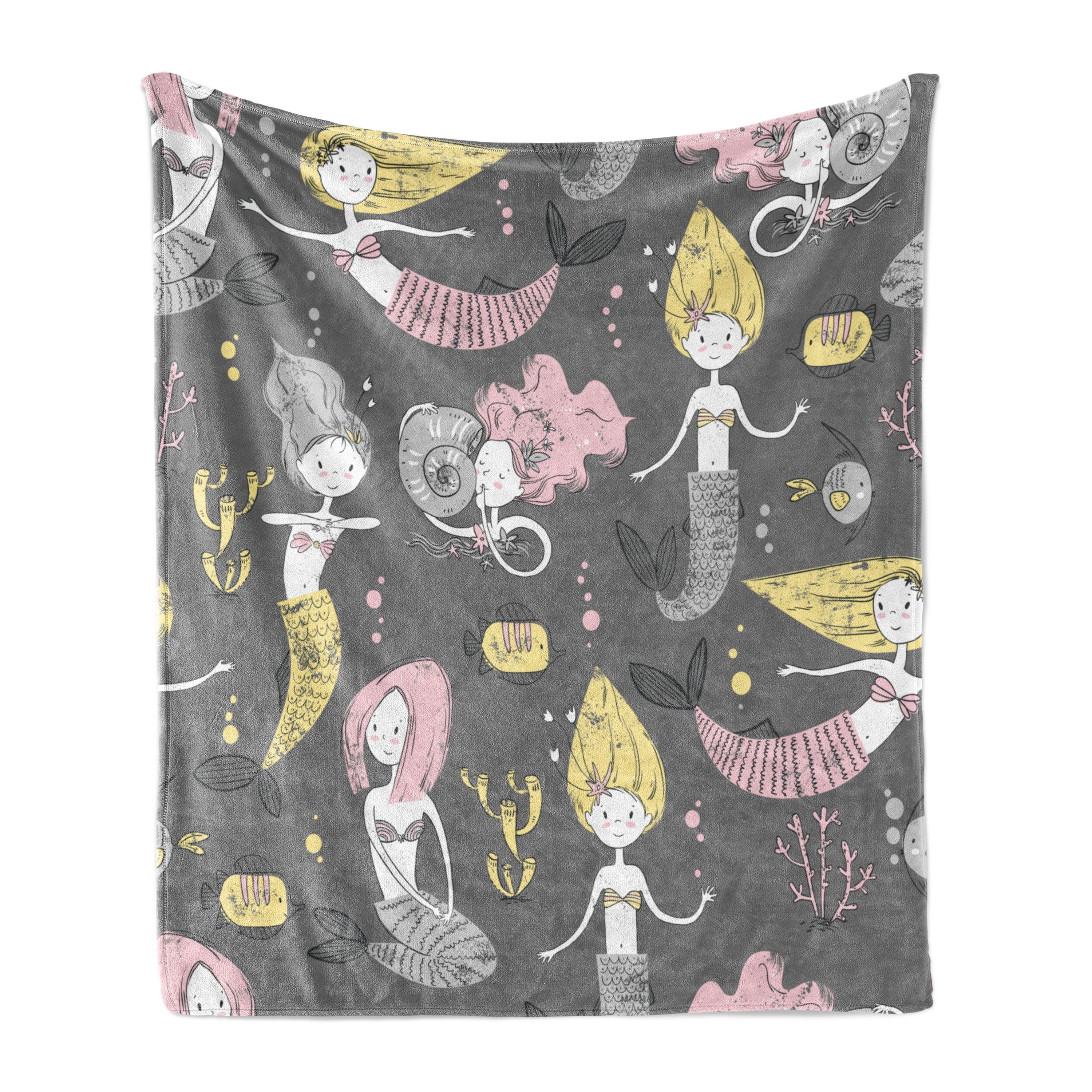 Ambesonne Mermaid Fleece Throw Blanket Oceanic Underwater World  Grey and Pale Yellow