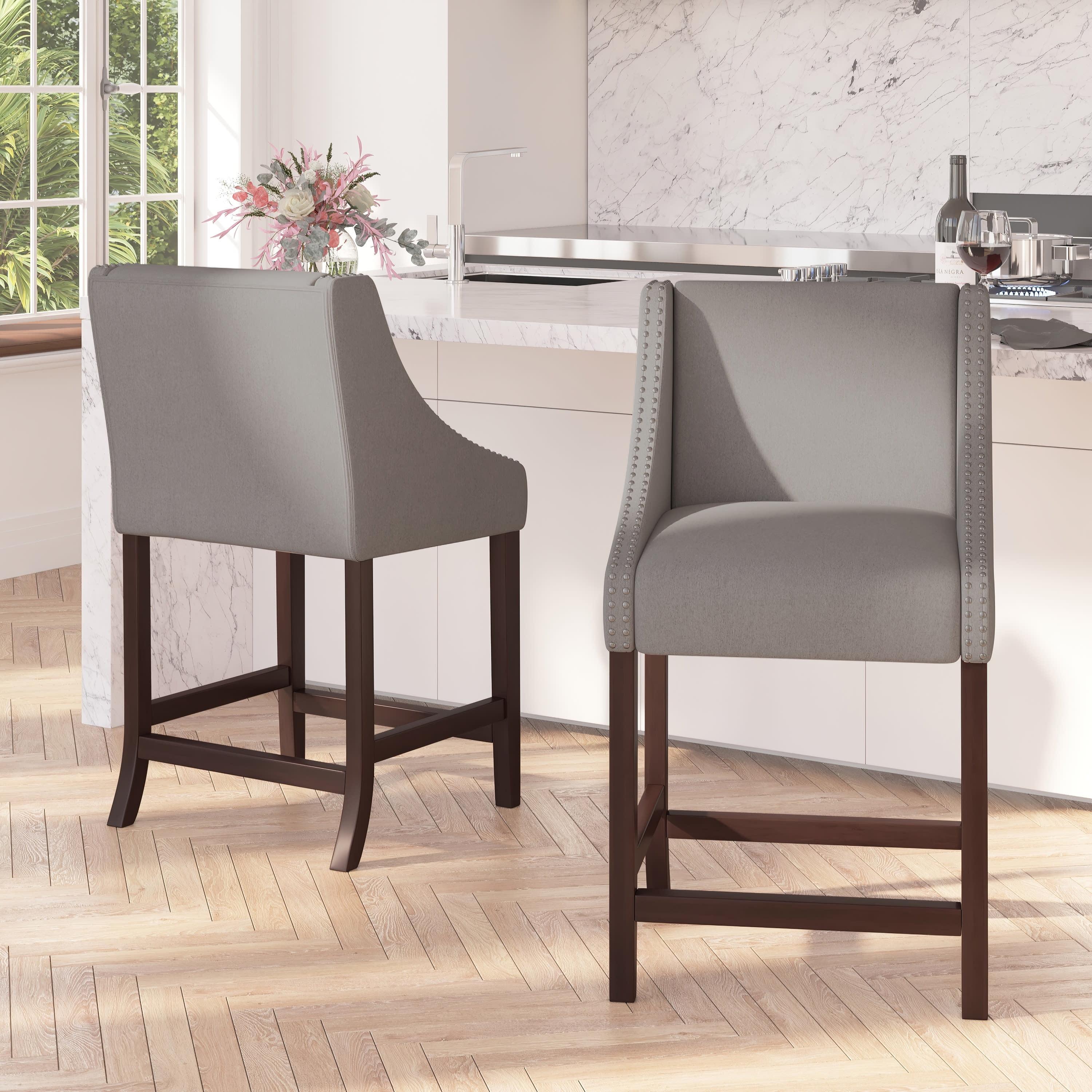 Walnut Counter Height Stools with Light Gray Fabric and Nailhead Trim - Set of 2