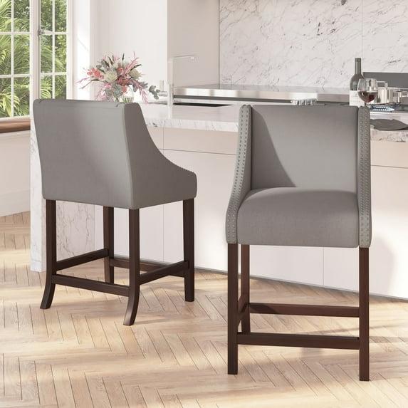 Merrick Lane 24 Inch Walnut Counter Height Stool with Nailhead Trim in Light Gray Fabric - Set of 2