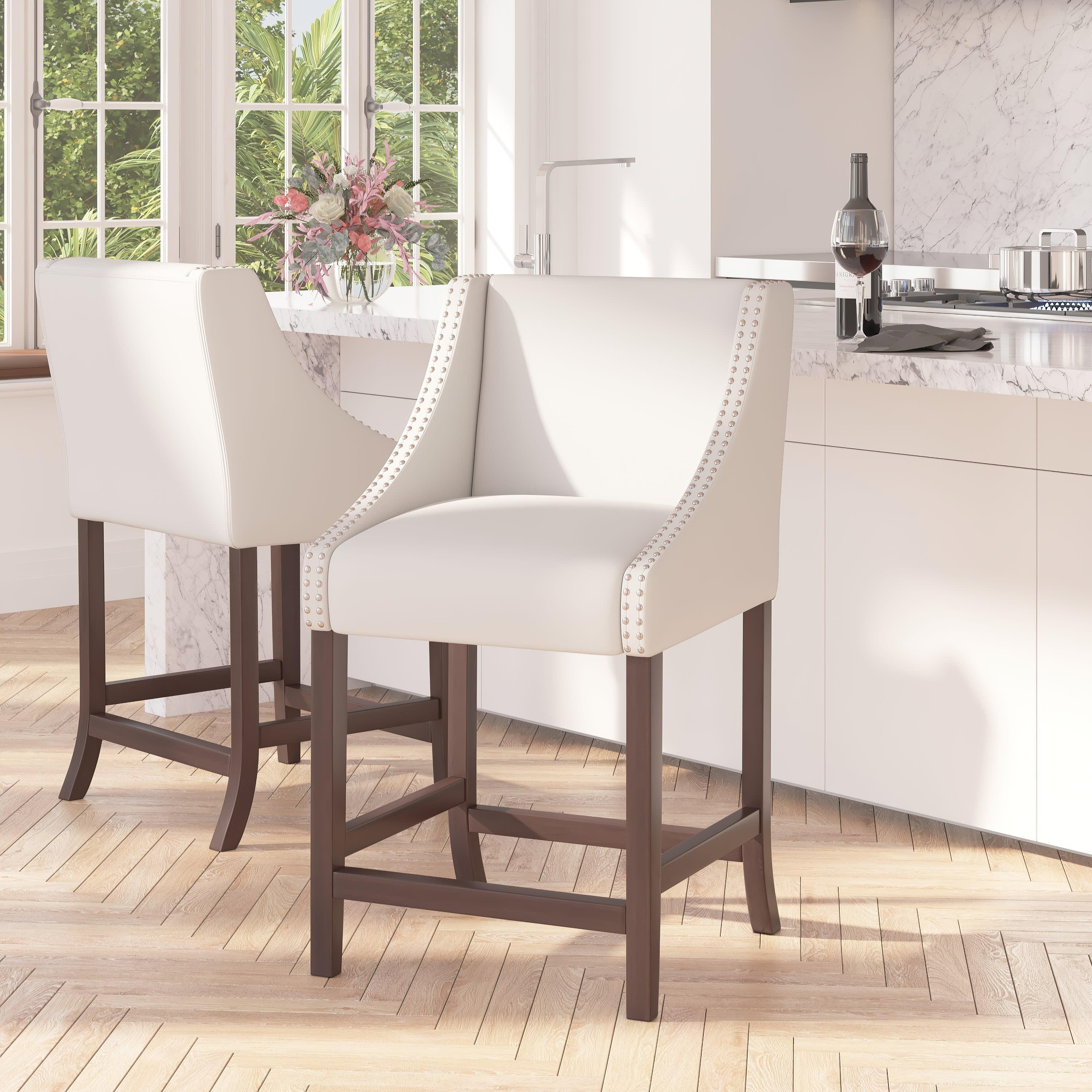 Walnut Finish Counter Height Stool with White Faux Leather and Nailhead Trim