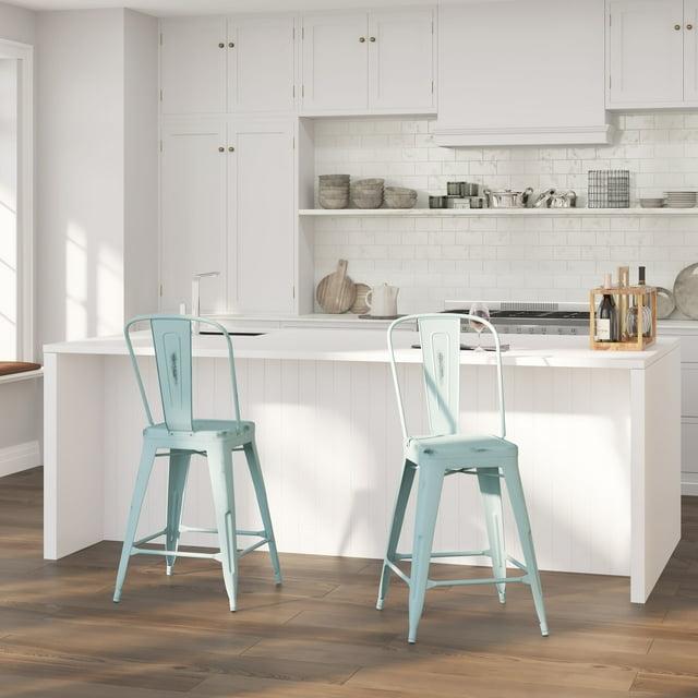 Merrick Lane 24" Metal Indoor-Outdoor Counter Stool with Vertical Slat Back and Integrated Footrest in Distressed Green-Blue