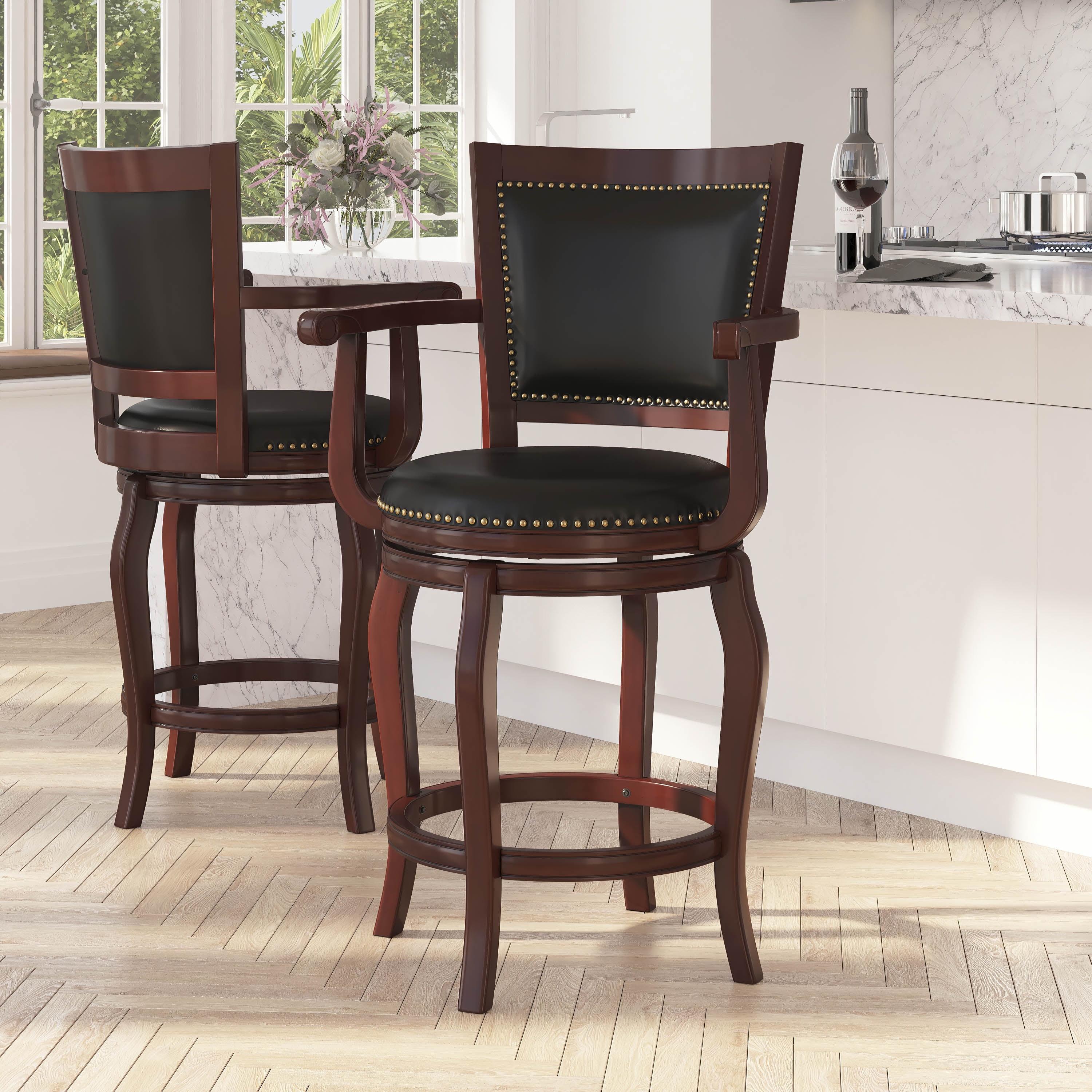 Merrick Lane 26" Cherry Wood Panel Back Counter Stool with Arms and Black Faux Leather Swivel Seat