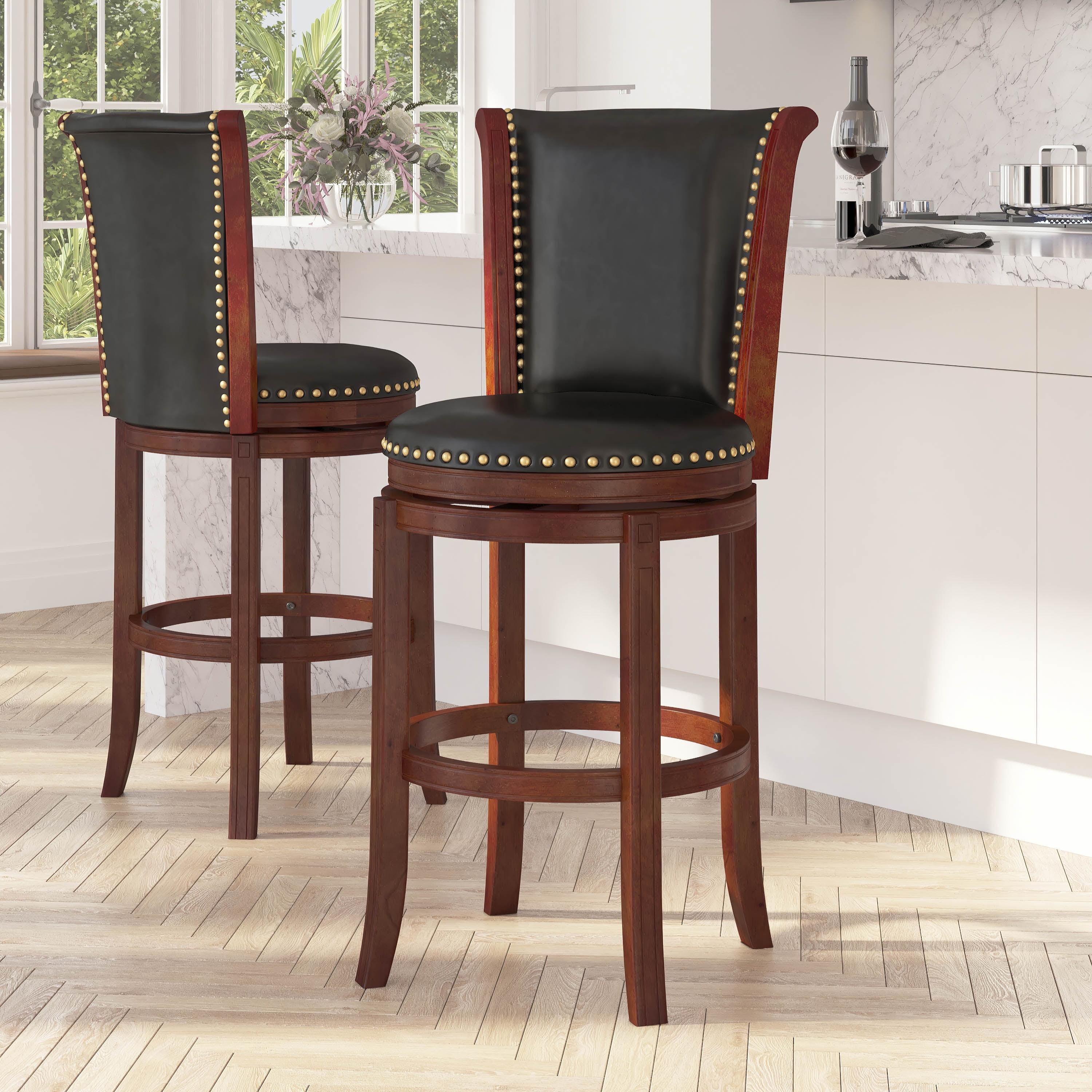 30" Dark Chestnut Wood and Black Leather Swivel Bar Stool