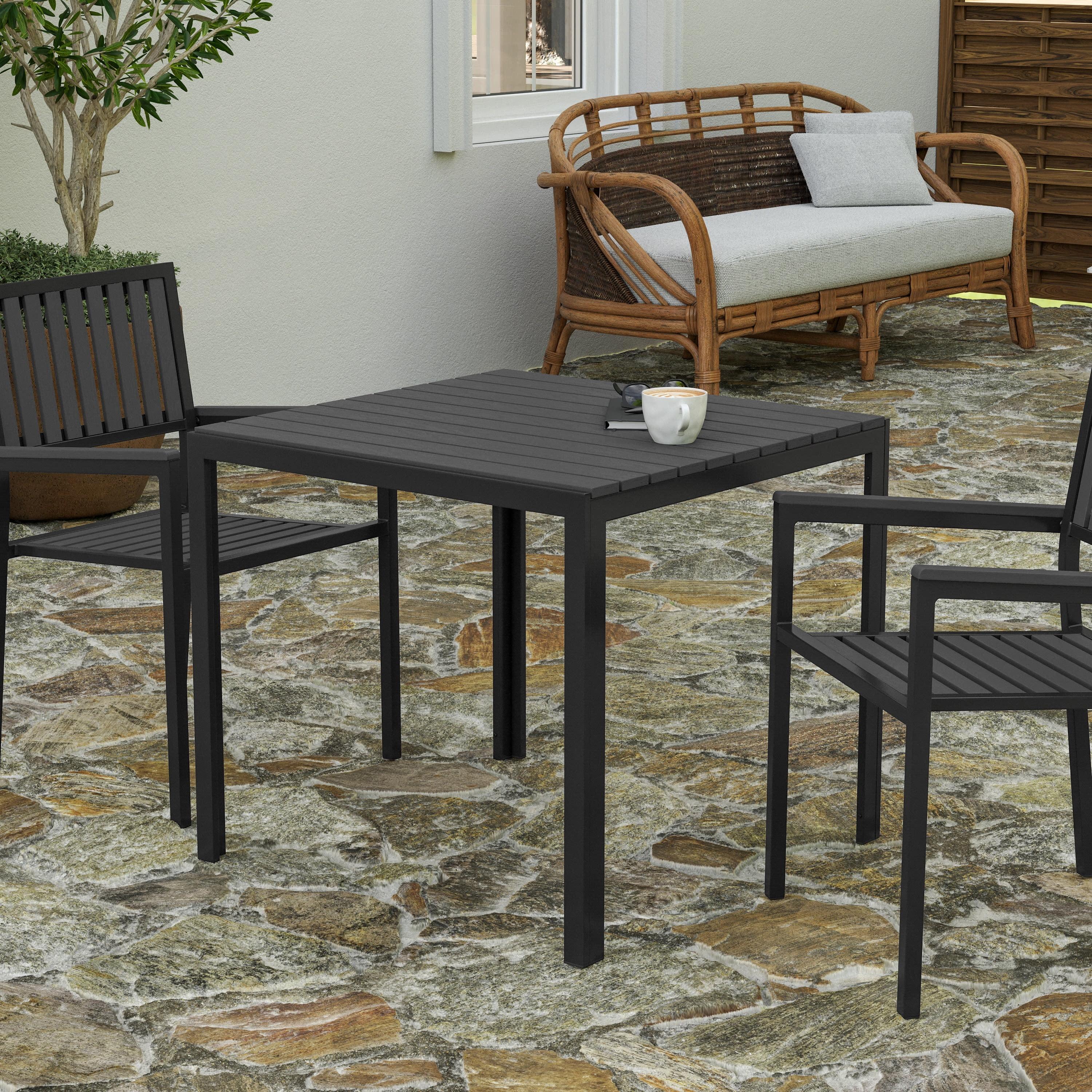 Merrick Lane All-Weather Indoor/Outdoor Square Patio Dining Table for 4 with Steel Frame and Poly Resin Slatted Top - Black