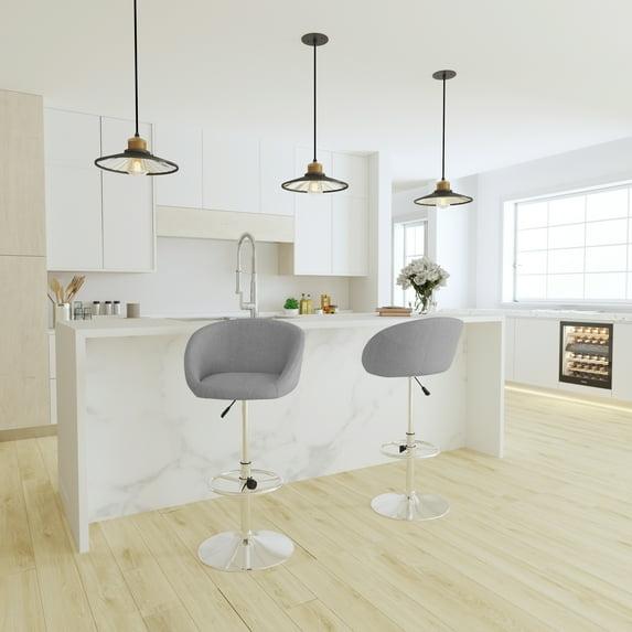 Merrick Lane Bucket Seat Bar and Dining Stool Modern Gray Fabric Stool with 360 Swivel, Adjustable Height and Chrome Footrest