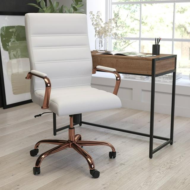 Merrick Lane Contemporary High-Back White Faux Leather Home Office Chair with Padded Rose Gold Arms