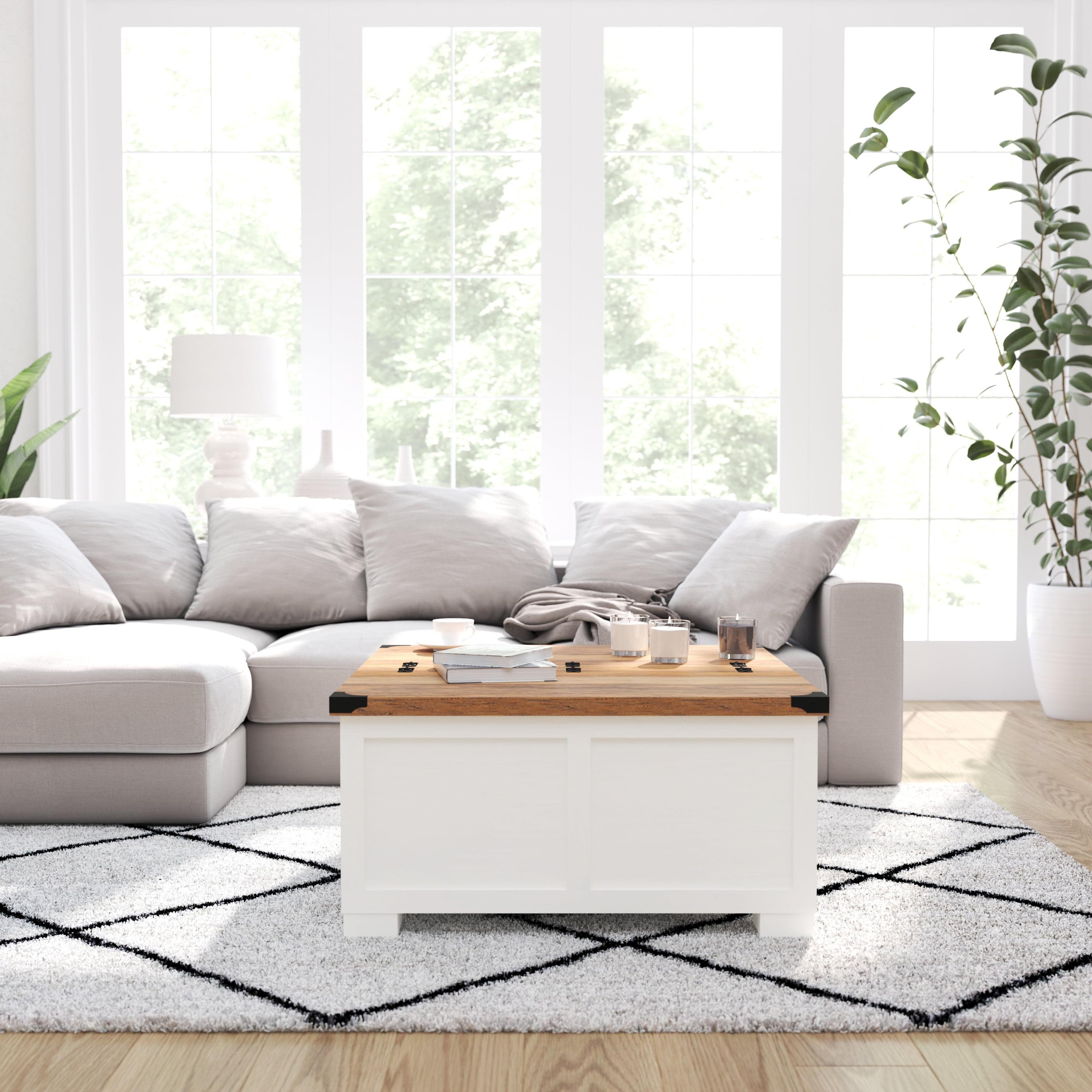 White and Rustic Oak Square Wood Coffee Table with Storage