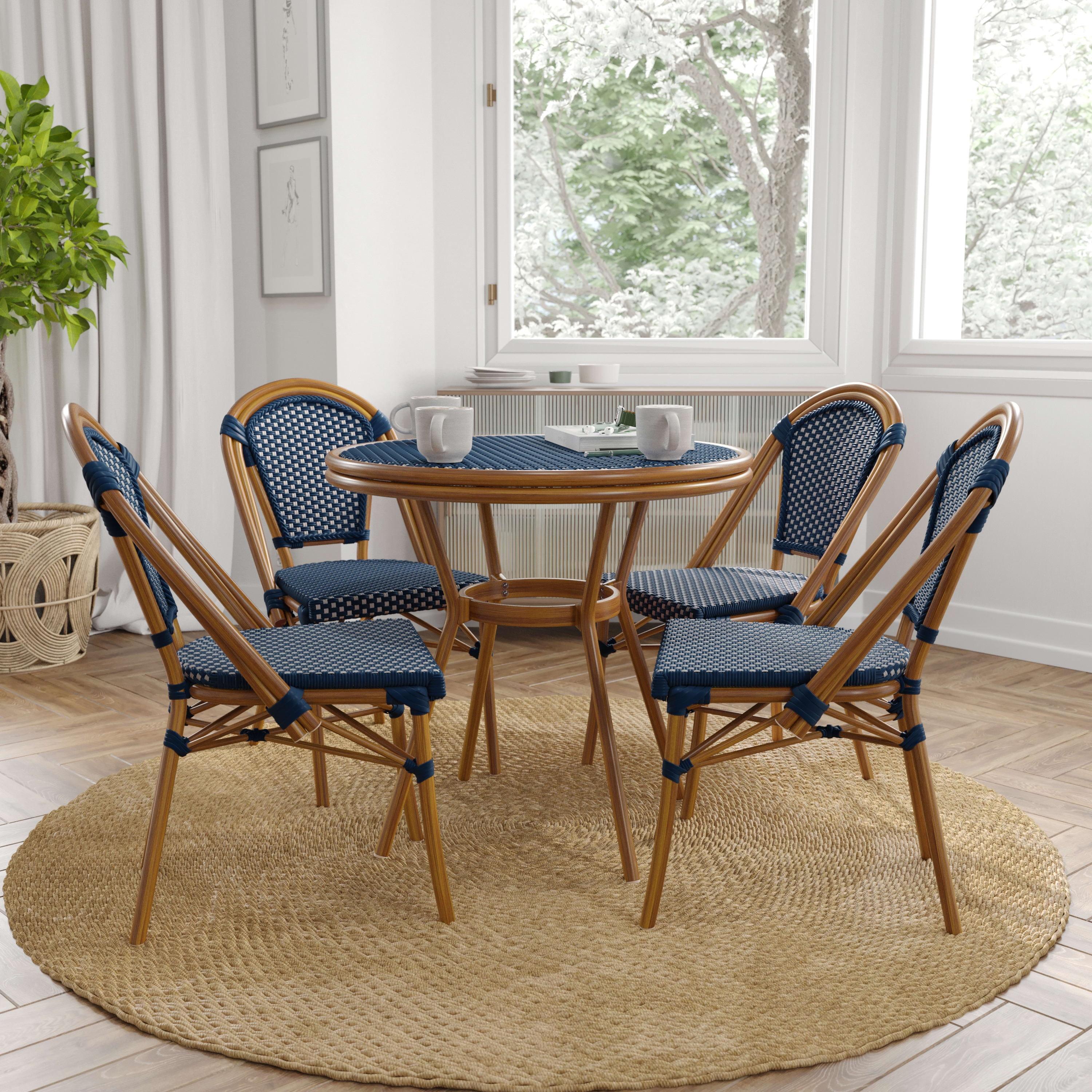 Merrick Lane Sacha Bistro Style Table with Glass Top, Navy & White PE Rattan, 2 Stack Chairs, and Bamboo Finished Metal Frame for Indoor/Outdoor Use