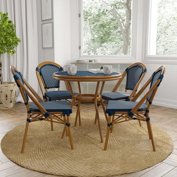 Merrick Lane Sacha Bistro Style Table with Glass Top, Navy & White PE Rattan, 2 Stack Chairs, and Bamboo Finished Metal Frame for Indoor/Outdoor Use