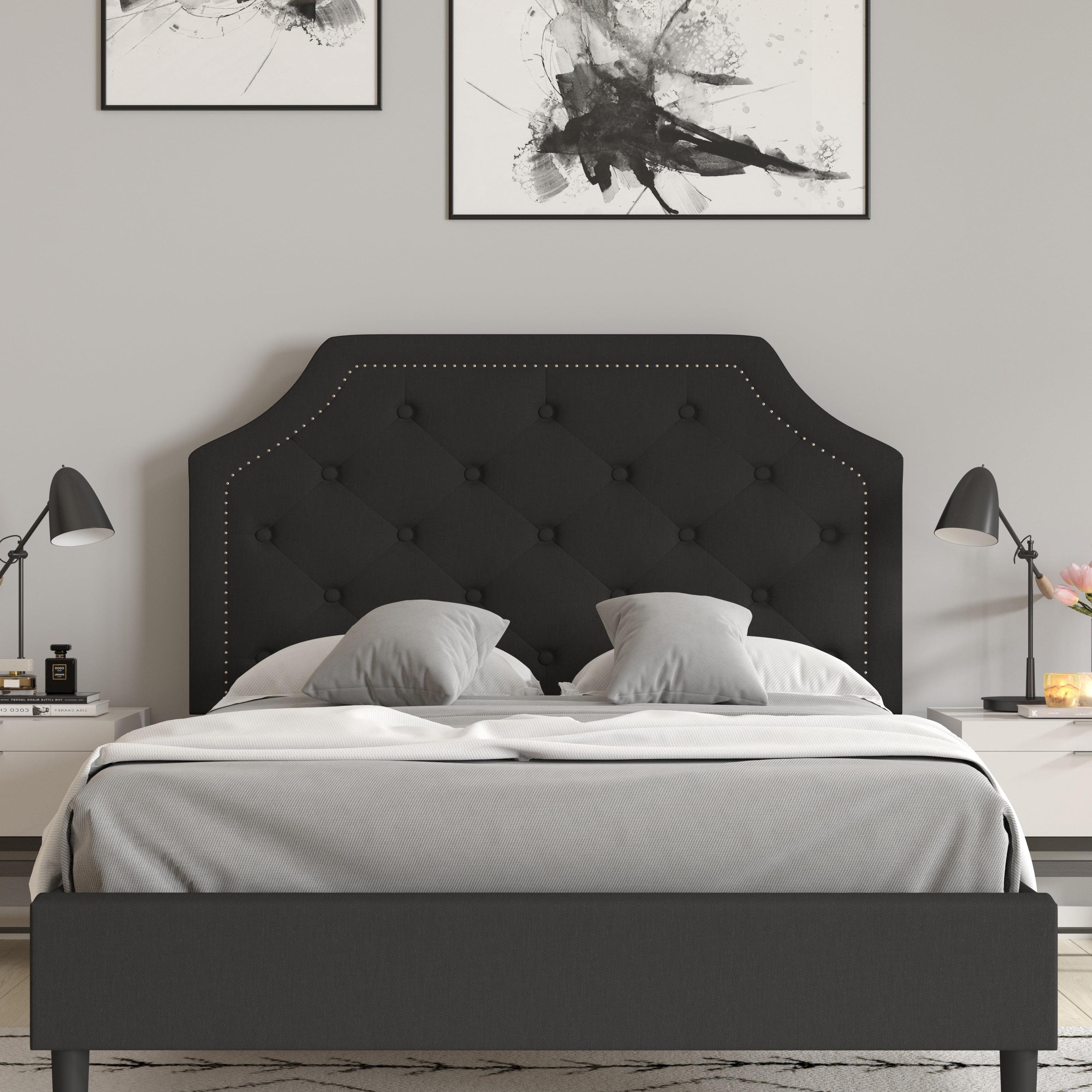 Contemporary Black Full Platform Bed with Gold Nailhead Trim and Tufted Upholstery