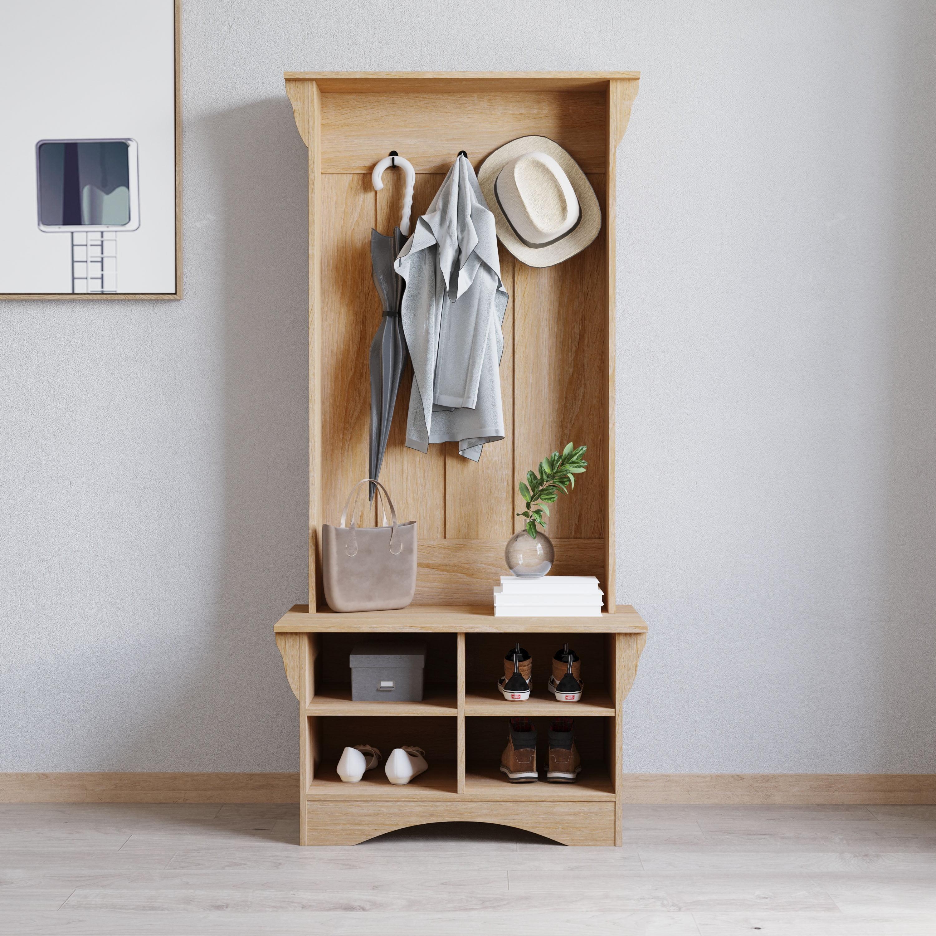 Merrick Lane Hallway Tree with Bench Seating, 3 Single Coat Hooks and Lower Storage with Adjustable Shelves in Weathered Wood