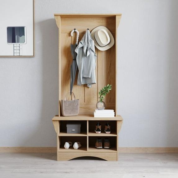 Merrick Lane Hallway Tree with Bench Seating, 3 Single Coat Hooks and Lower Storage with Adjustable Shelves in Weathered Wood