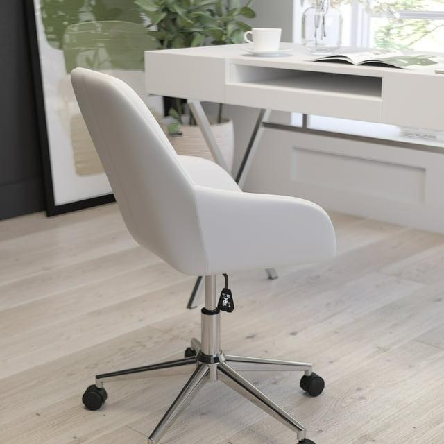Merrick Lane Home Office Bucket Style Chair with White Faux Leather Upholstery and 360 Degree Rotating Swivel On Chrome Frame