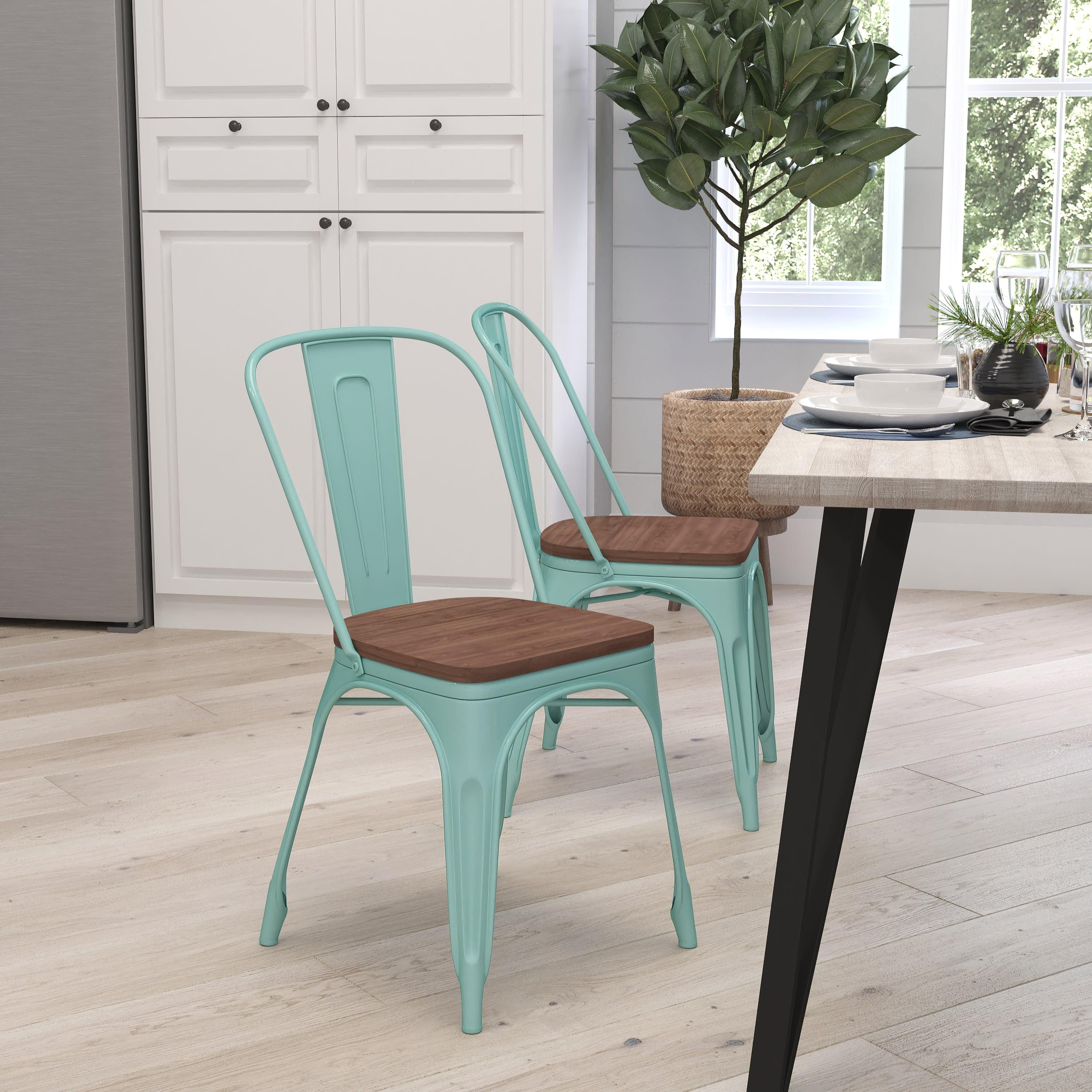Merrick Lane Metal Stacking Chair in Mint Green with Curved, Slatted Back and Rustic Wood Seat
