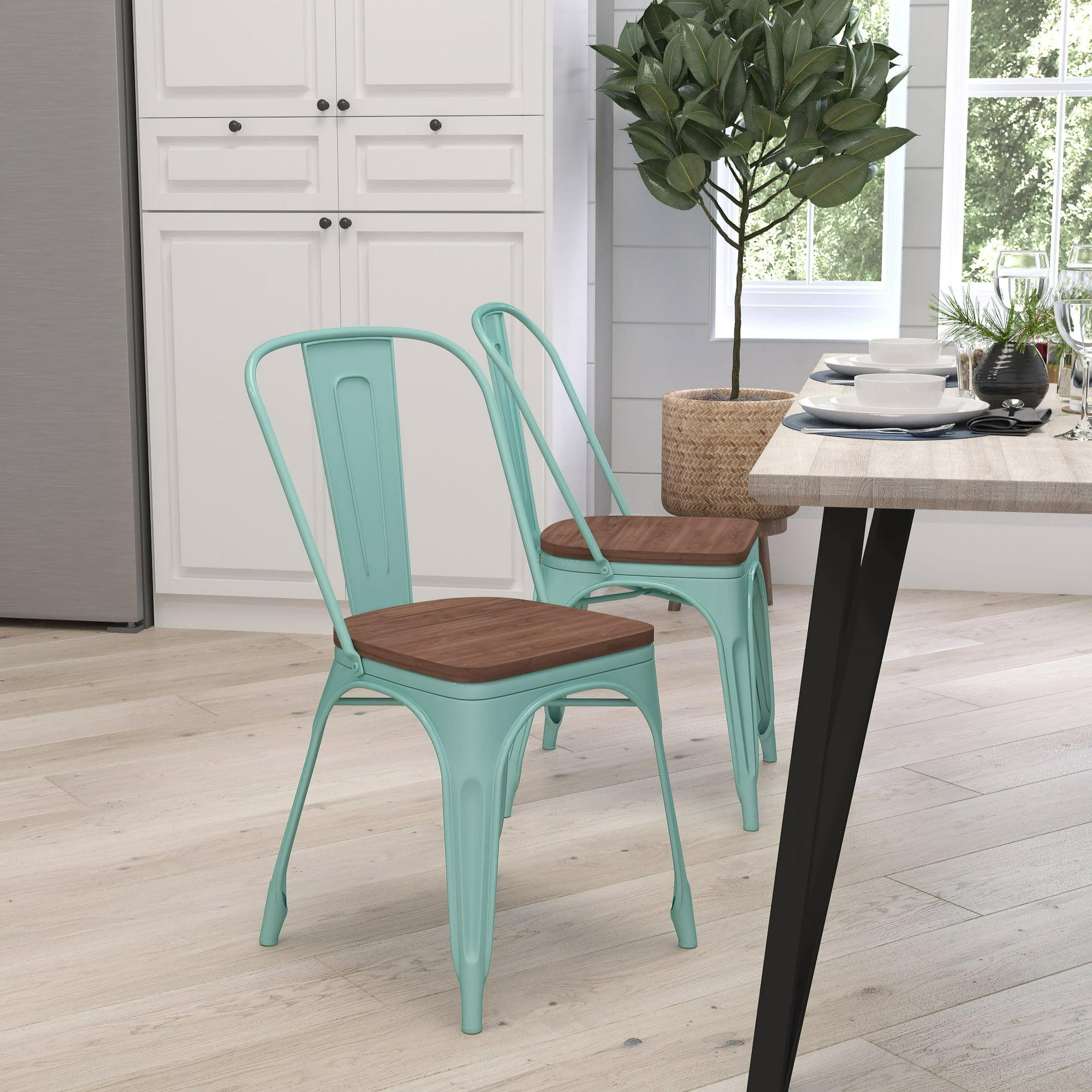 Merrick Lane Metal Stacking Chair in Mint Green with Curved, Slatted Back and Rustic Wood Seat